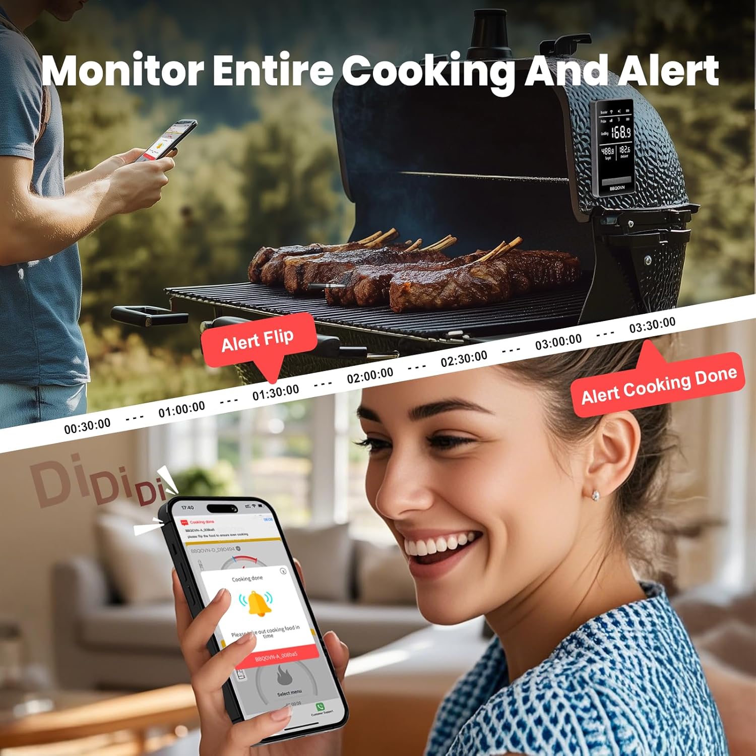 WiFi Sub-1G Wireless Meat Thermometer Unlimited Range 7 NIST Cert.Sensors IP68 With Ambient Temp Accuracy ±0.5°F APP&Magnet Smart Digital Base,Monitor for BBQ, Grill,Oven,Smoker(1,Black,Small)
