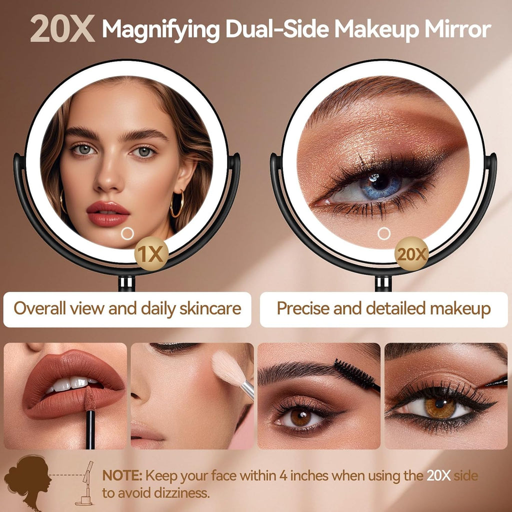 Shinowa Makeup Mirror with Lights, 1X/20X Lighted Magnifying Mirror with Storage for Makeup & Jewelry, 2-Sided Height Adjustable Vanity Mirror with 3 Color Lights, 360° Rotation & Rechargeable, Black