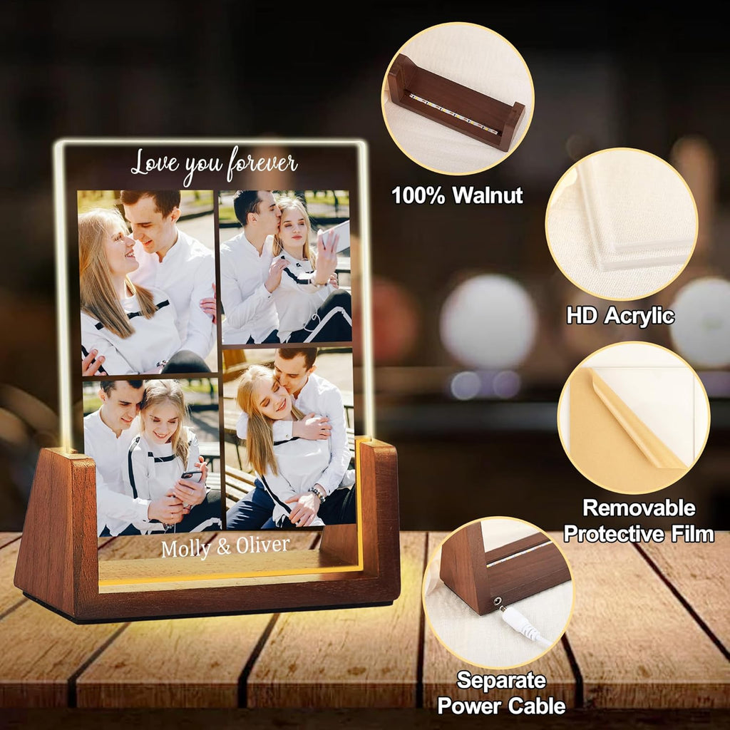 Customized Couple Christmas Gifts For Boyfriend Girlfriend Him Her, Custom Light Up Picture Frame Acrylic Plaque With Photo Name, Personalized Anniversary Birthday Gifts For Husband Wife