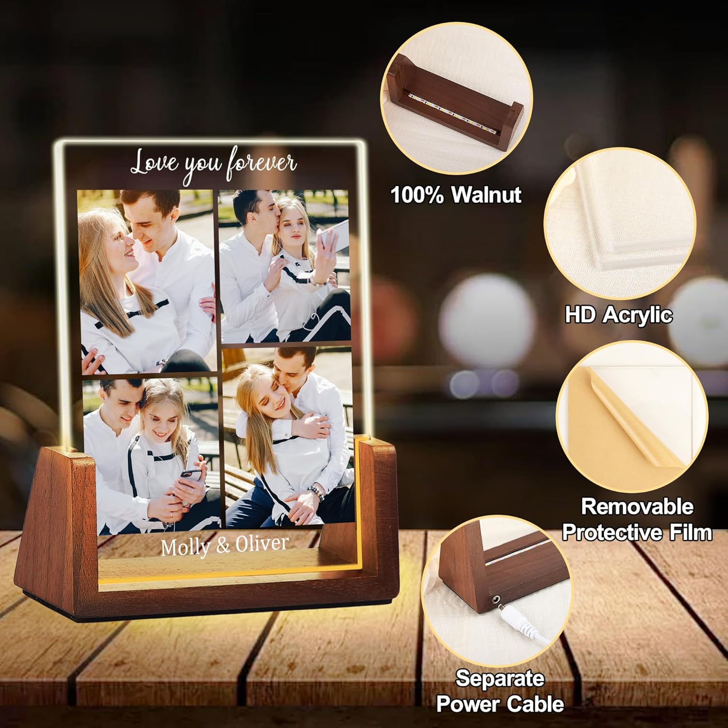 Customized Couple Christmas Gifts For Boyfriend Girlfriend Him Her, Custom Light Up Picture Frame Acrylic Plaque With Photo Name, Personalized Anniversary Birthday Gifts For Husband Wife