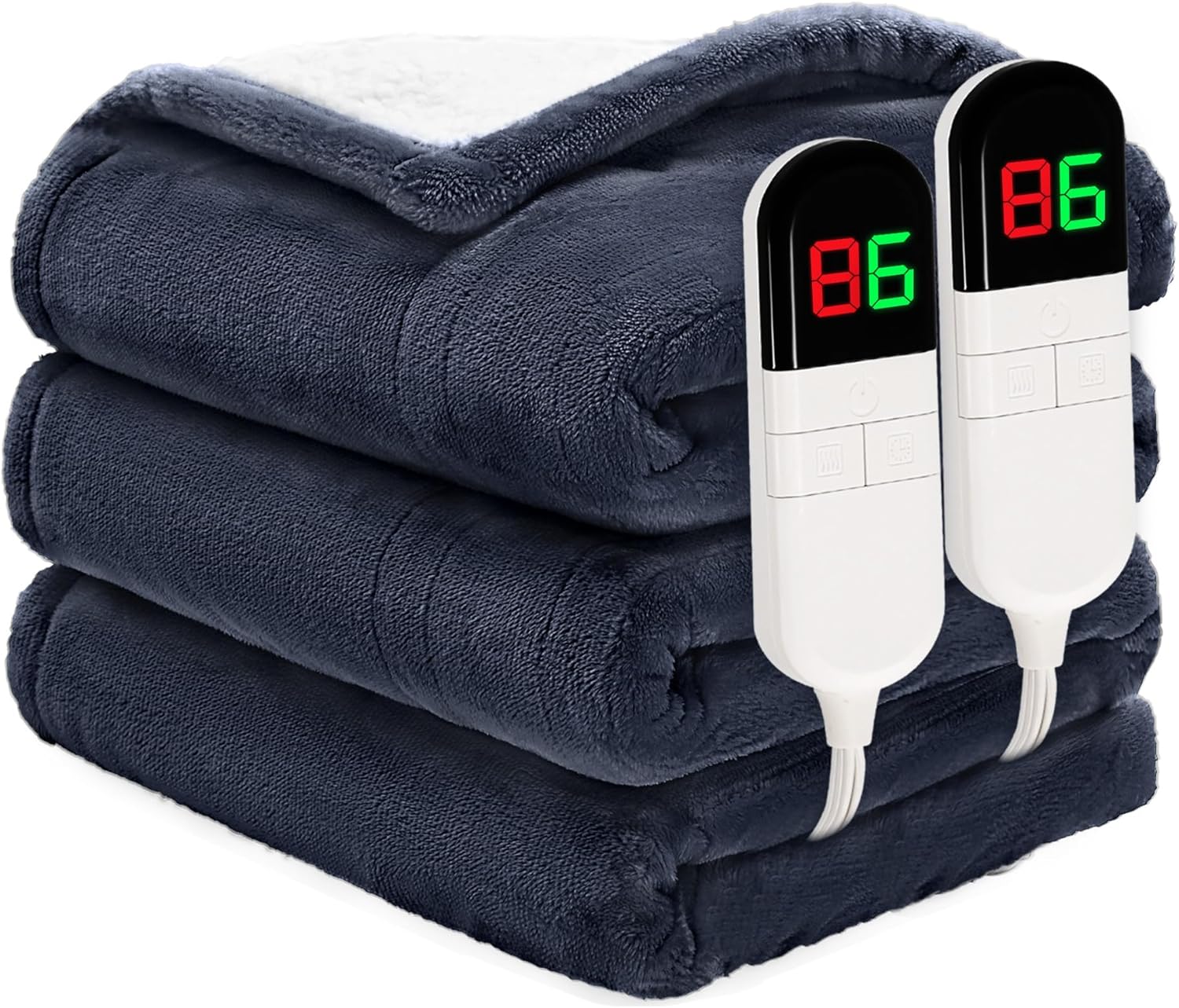 Heated Blanket King 90"×100" - Premium Cosy Soft Electric Blanket with 6 Heating Levels,Dual Control Fast Heating Flannel Sherpa Blanket for Bed & Couch,Auto Shut Off/Machine Washable (Navy Blue)
