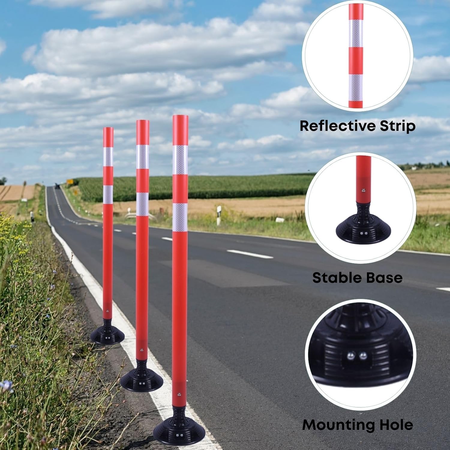 8 Pack Traffic Delineator Posts – High Visibility Reflective Safety Cones with Spring Base for Roadway, Parking, Garage, Construction Zones (Orange, 48 Inch)