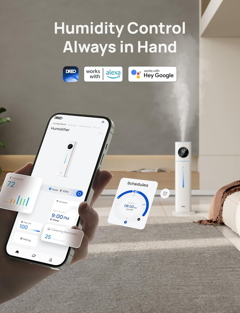Dreo 11L Smart Humidifier Large Room 700 ft², 100H Cool Mist Air Humidifiers for Bedroom, Top-Fill Self-Cleaning Tank, 26dB, Auto Mode, Aroma Box, RGB Light, Remote & APP Control, Baby, Plant, Blue