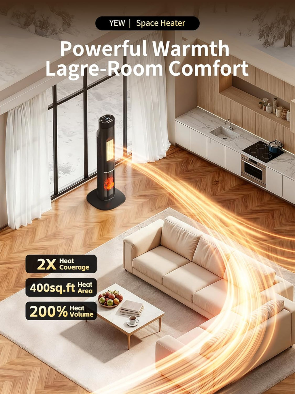 YEW Space Heater Large Room, 1500W Portable Tower Room Heaters with Thermostat and Remote, 24H Timer, 80°Oscillation, Overheat&Tip-over Protection, Electric Ceramic Heater for Indoor Bedroom,Office