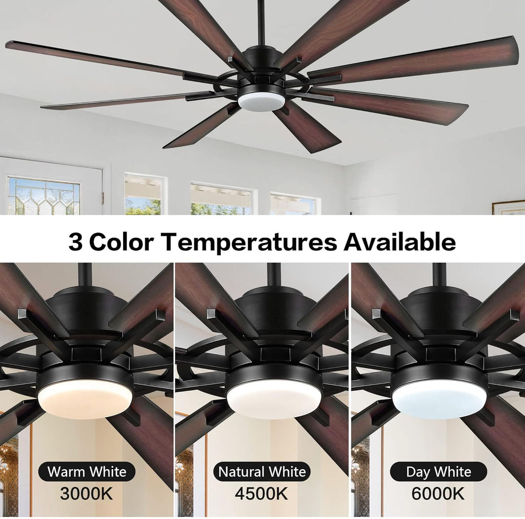 WINGBO 60" DC Ceiling Fan with Lights and Control, Matte Black Ceiling Fan with Walnut/Walnut Shadowed Reversible Blades, 6-Speed DC Motor, 8 Blade Wood Ceiling Fans for Kitchen Bedroom Living Room