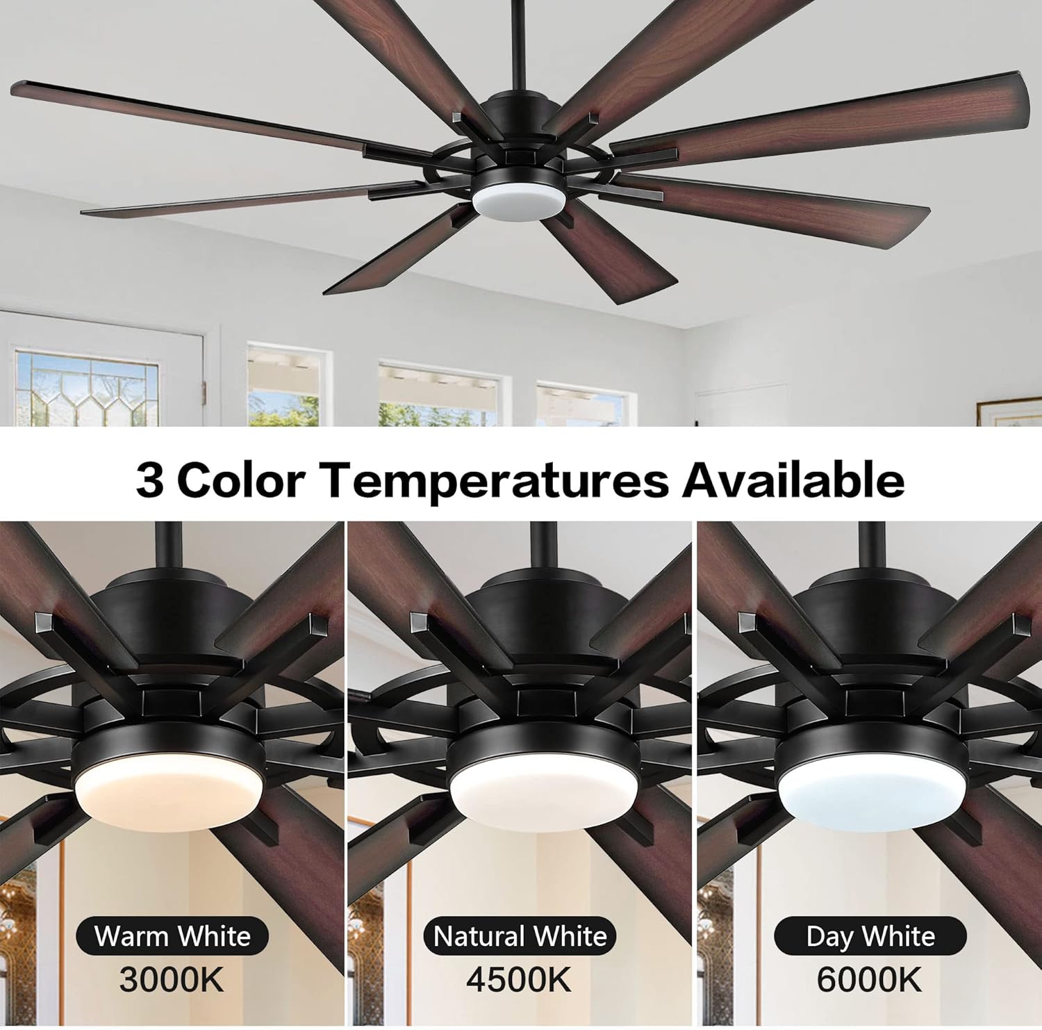WINGBO 60" DC Ceiling Fan with Lights and Control, Matte Black Ceiling Fan with Walnut/Walnut Shadowed Reversible Blades, 6-Speed DC Motor, 8 Blade Wood Ceiling Fans for Kitchen Bedroom Living Room