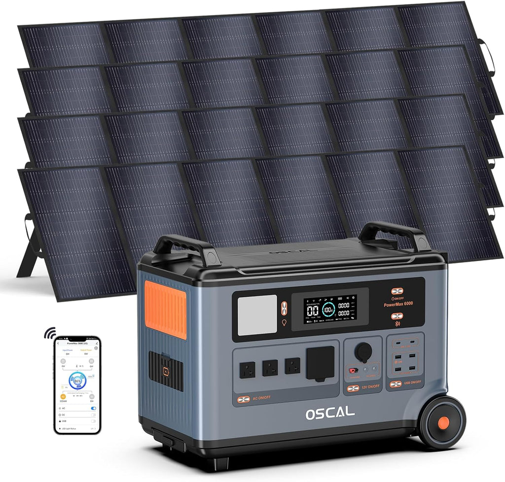 OSCAL PowerMax 6000 Solar Generator with 4x500W Solar Panels, 120/240V Split Phase Voltage 6000W AC Outlets (9000W Peak), 3600Wh Power Station Expandable to 57.6kWh, Emergency for Home