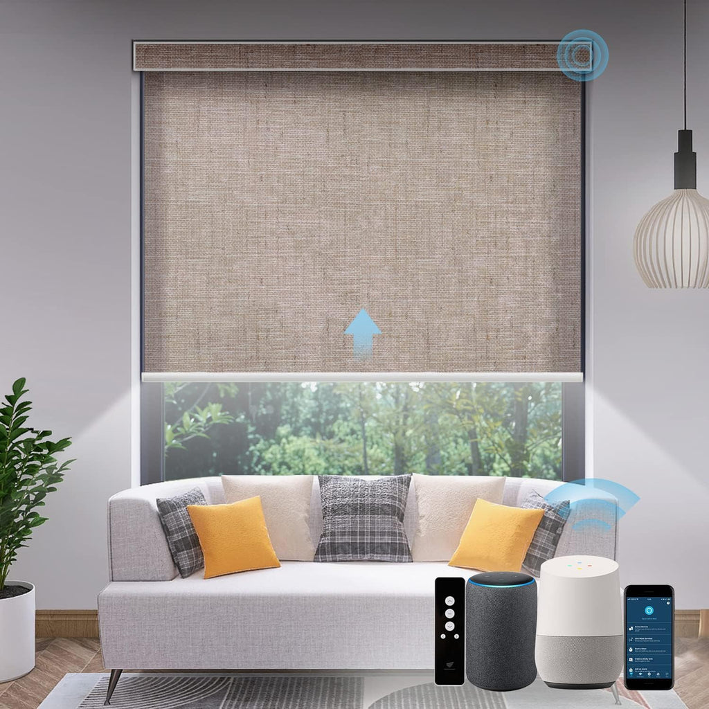 SmartWings Motorized Light Filtering Shades, Work with Matter Homekit Alexa Google, 70% Blackout Shades Translucent, Cordless Window Shades with Remote Rechargeable, Up 110" W x 148" H, Linen Caramel