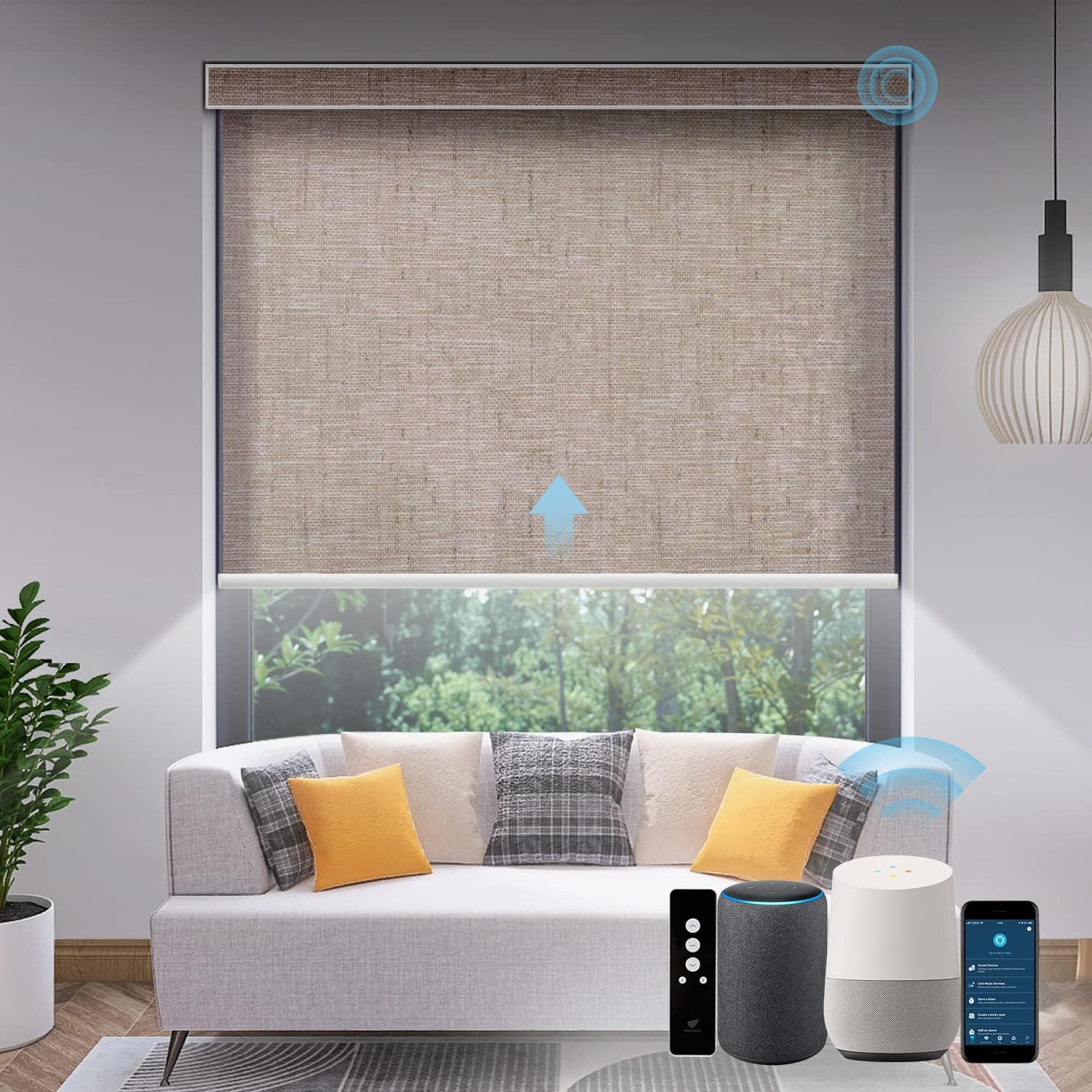 SmartWings Motorized Light Filtering Shades, Work with Matter Homekit Alexa Google, 70% Blackout Shades Translucent, Cordless Window Shades with Remote Rechargeable, Up 110" W x 148" H, Linen Caramel