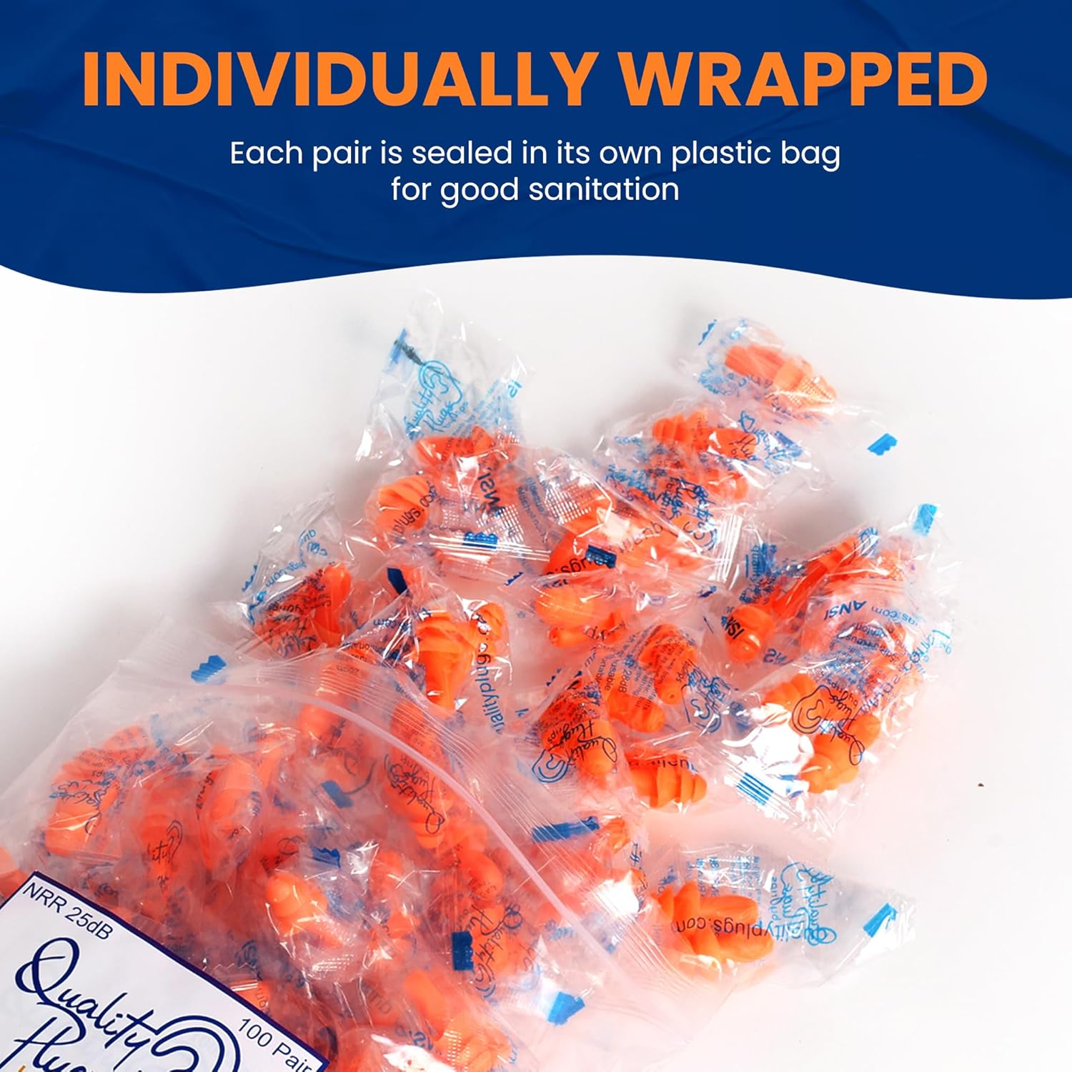 100 Pairs of Orange Reusable Ear Plugs - Individually Wrapped, Providing Ear Protection & Noise Reduction up to 25dB NRR - Bulk Silicone Ear Buds for Motorcycle, Gun Range, Shooting, Sleeping, Work