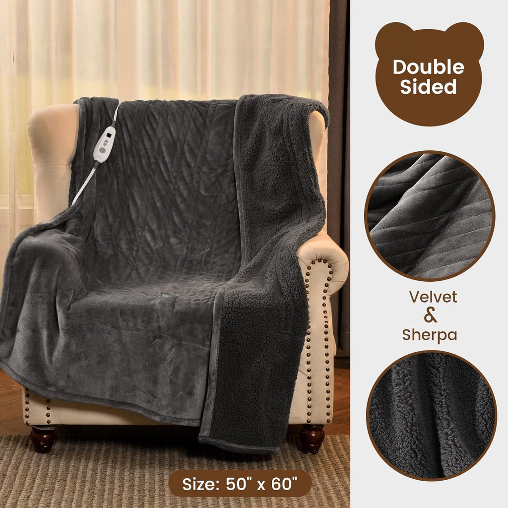 Bearhug Electric Throw Blanket 50" x 60", Reversible Velvet & Sherpa Heated Throw, 6 Heating Levels & 4H Auto Off, Over-Heat Protect, ETL Certification, Machine Washable
