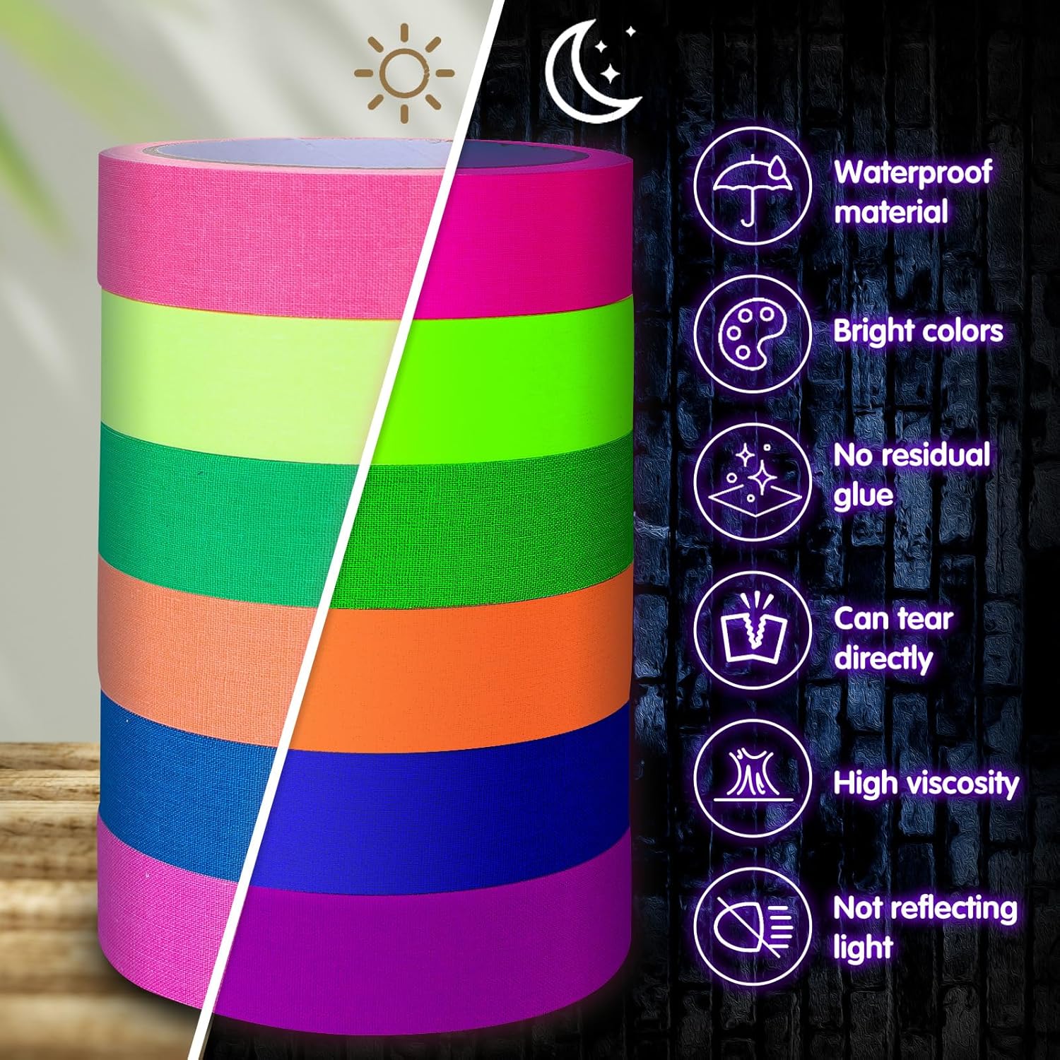 Whaline 6 Colors Neon Gaffer Cloth Tape Fluorescent Rainbow Color UV Blacklight Tape Neon Duct ReflectiveTape for UV Party Theatres Staged Dark Areas(1 inch x 34.8 feet)