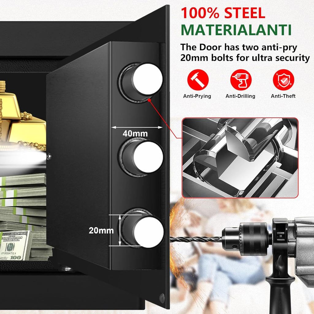 1.3 Cubic Feet Small Fire Safe Box for Home, Fireproof Safety Lock Box with Digital Keypad, Spare Keys and Removable Shelf, Personal Security Home Safes for Money, Jewelry, ID Documents