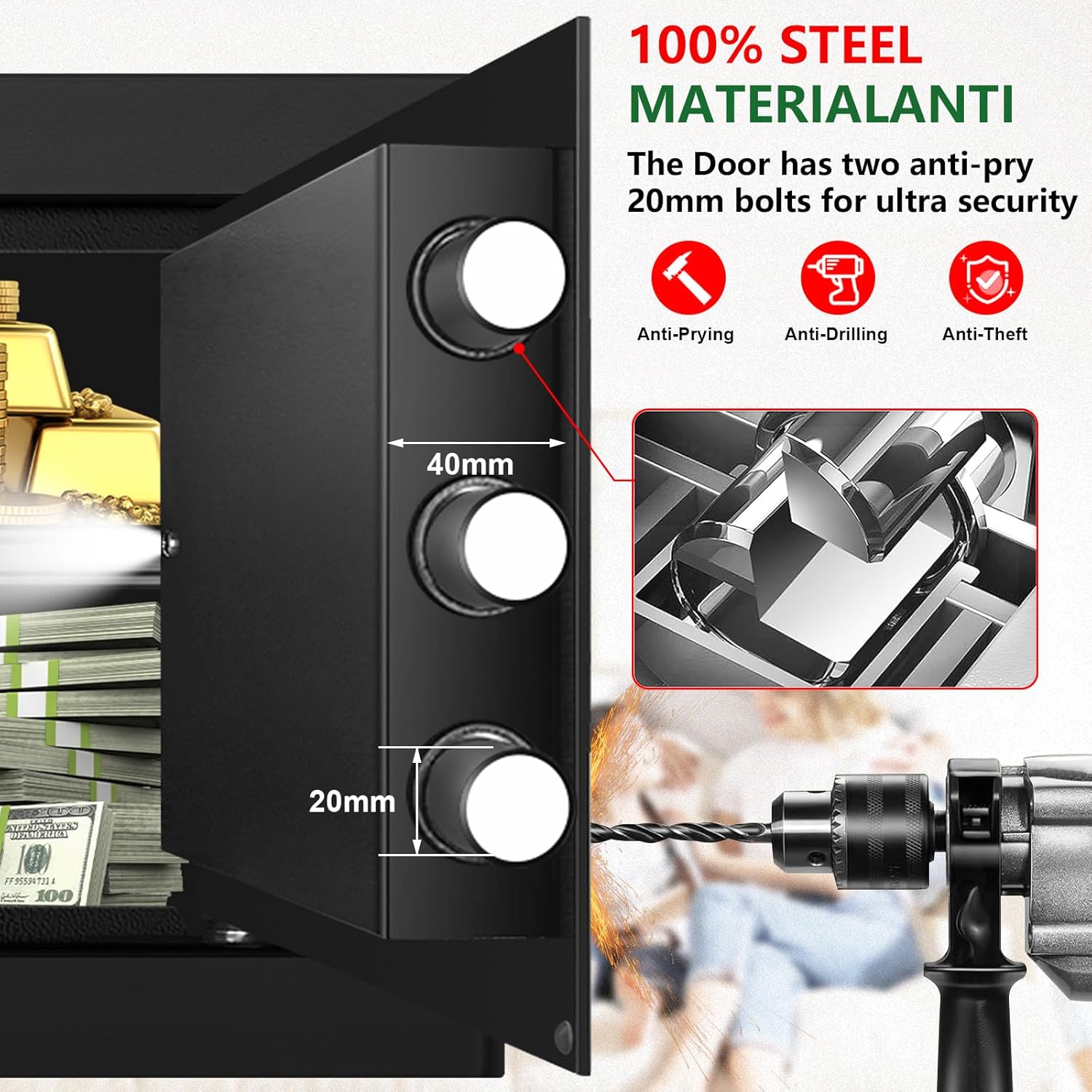 1.3 Cubic Feet Small Fire Safe Box for Home, Fireproof Safety Lock Box with Digital Keypad, Spare Keys and Removable Shelf, Personal Security Home Safes for Money, Jewelry, ID Documents