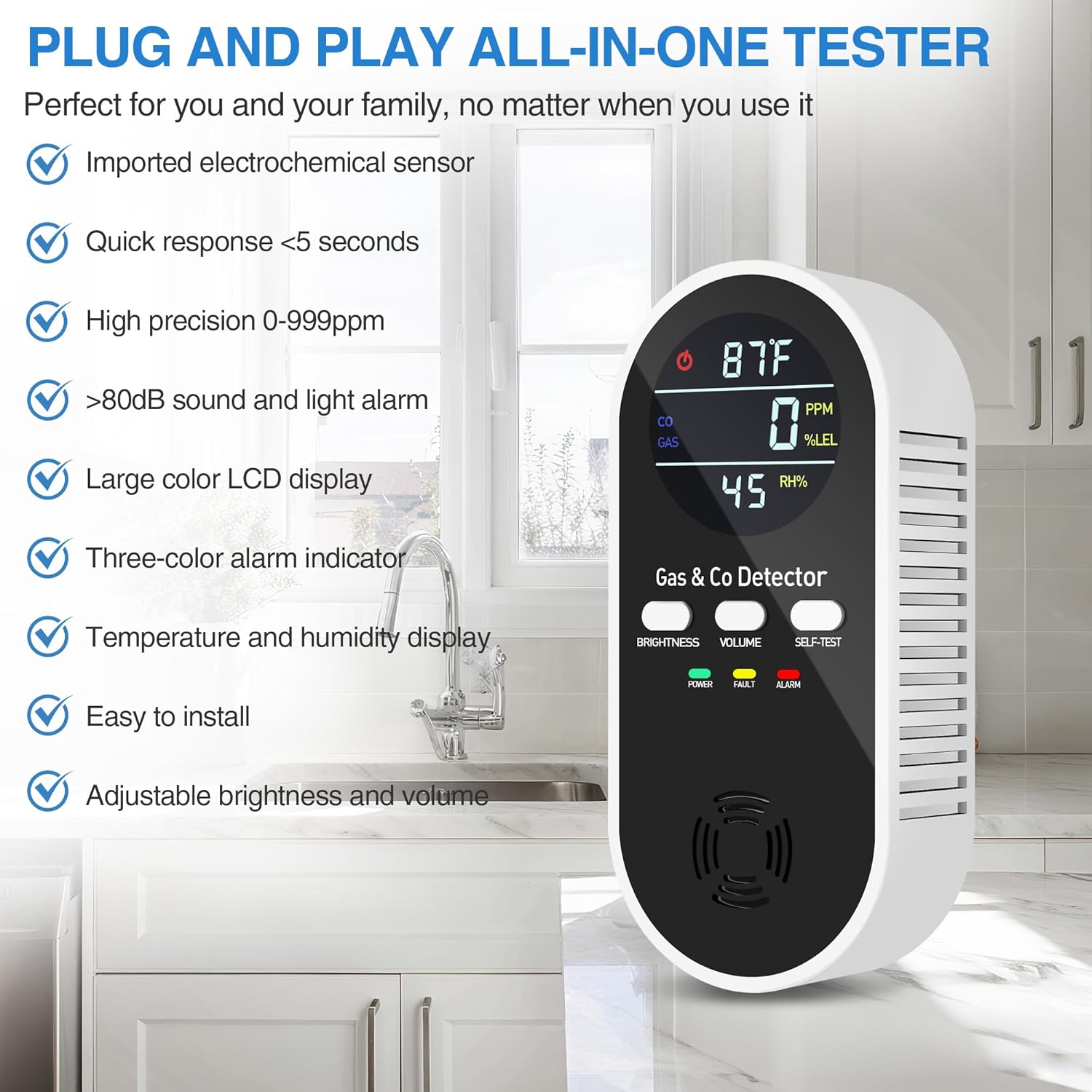 5-in-1 Carbon Monoxide Detectors Plug in – Natural Gas, Propane & CO Alarm with Dual Sensor, Temperature & Humidity Display for Home, RV, Travel, 2 Packs