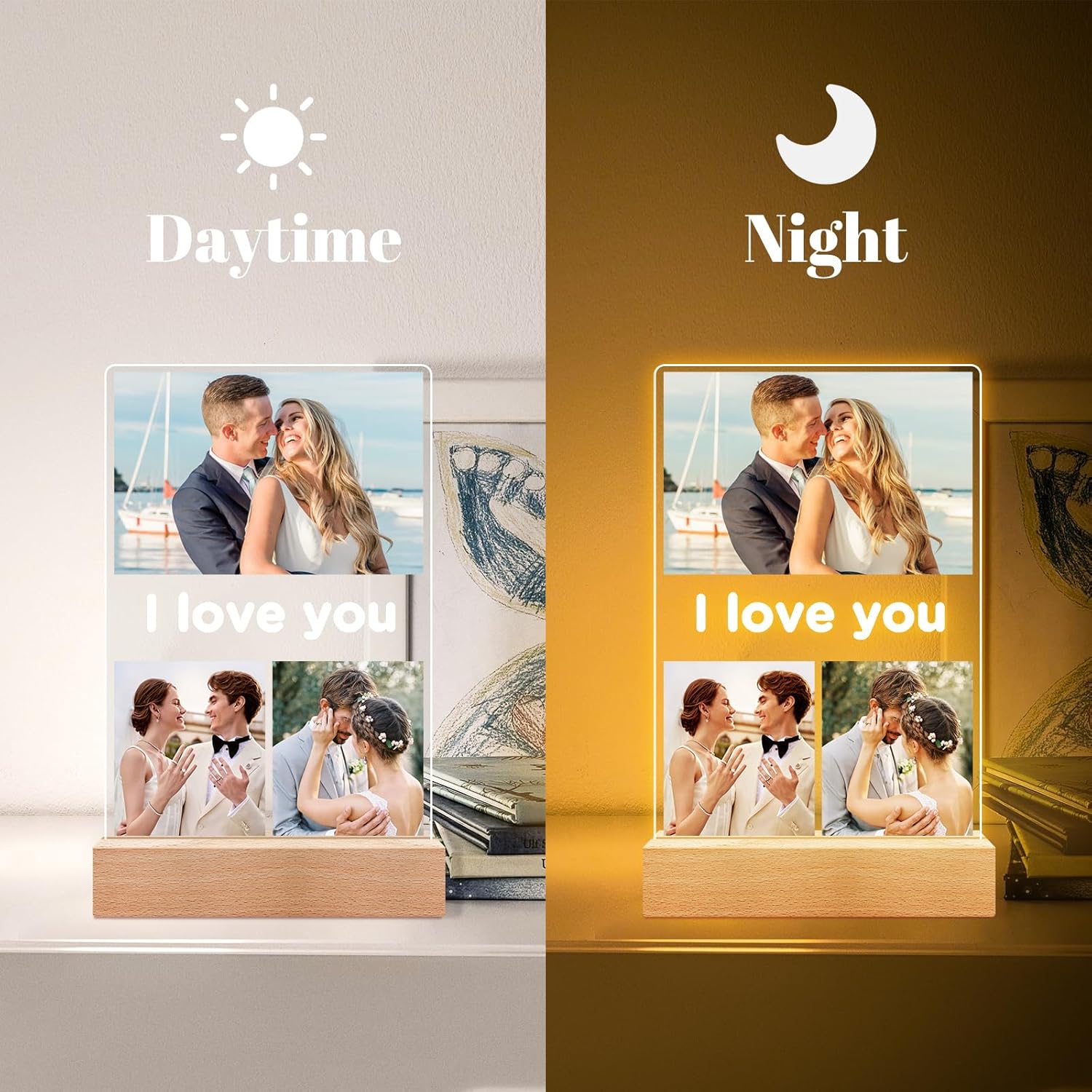 Custom Picture Frames with Photo, Personalized Photo Frame with Night Light, Customized Gifts for Girlfriend Boyfriend, Personalized Anniversary Valentines Day Gifts for Women Men Her Him Couple