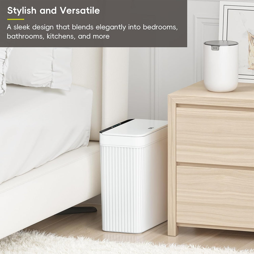 EKO Brio 10L/2.6 Gallon Motion Sensor Trash Can, Automatic Touchless Bathroom Garbage Bin, Waterproof Smart Trash Can for Kitchen, Bedroom, and Office, White
