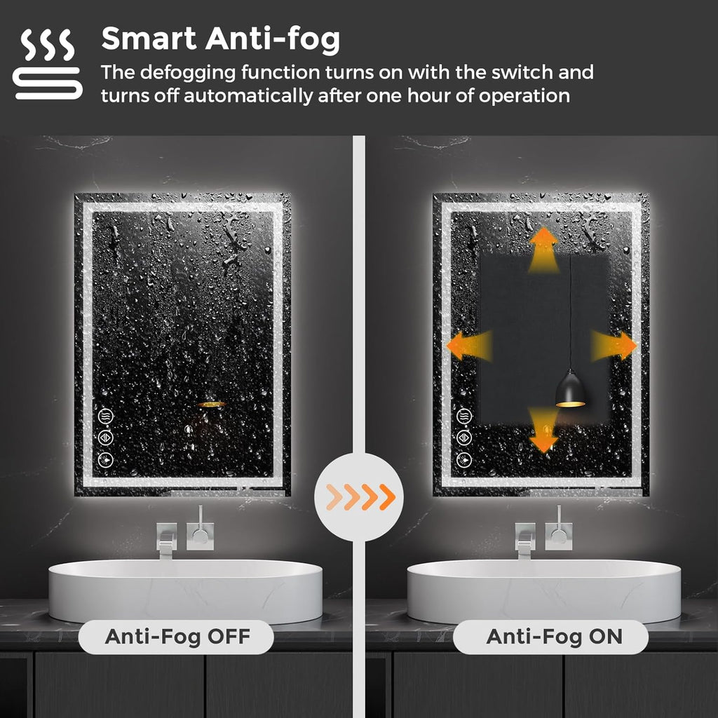 Koonmi 20x28 LED Bathroom Mirror, Backlit + Front Lit, LED Bathroom Mirror with Lights for Wall, 3 Colors, Anti-Fog, Dimmable Brightness, Memory Function, Tempered Glass