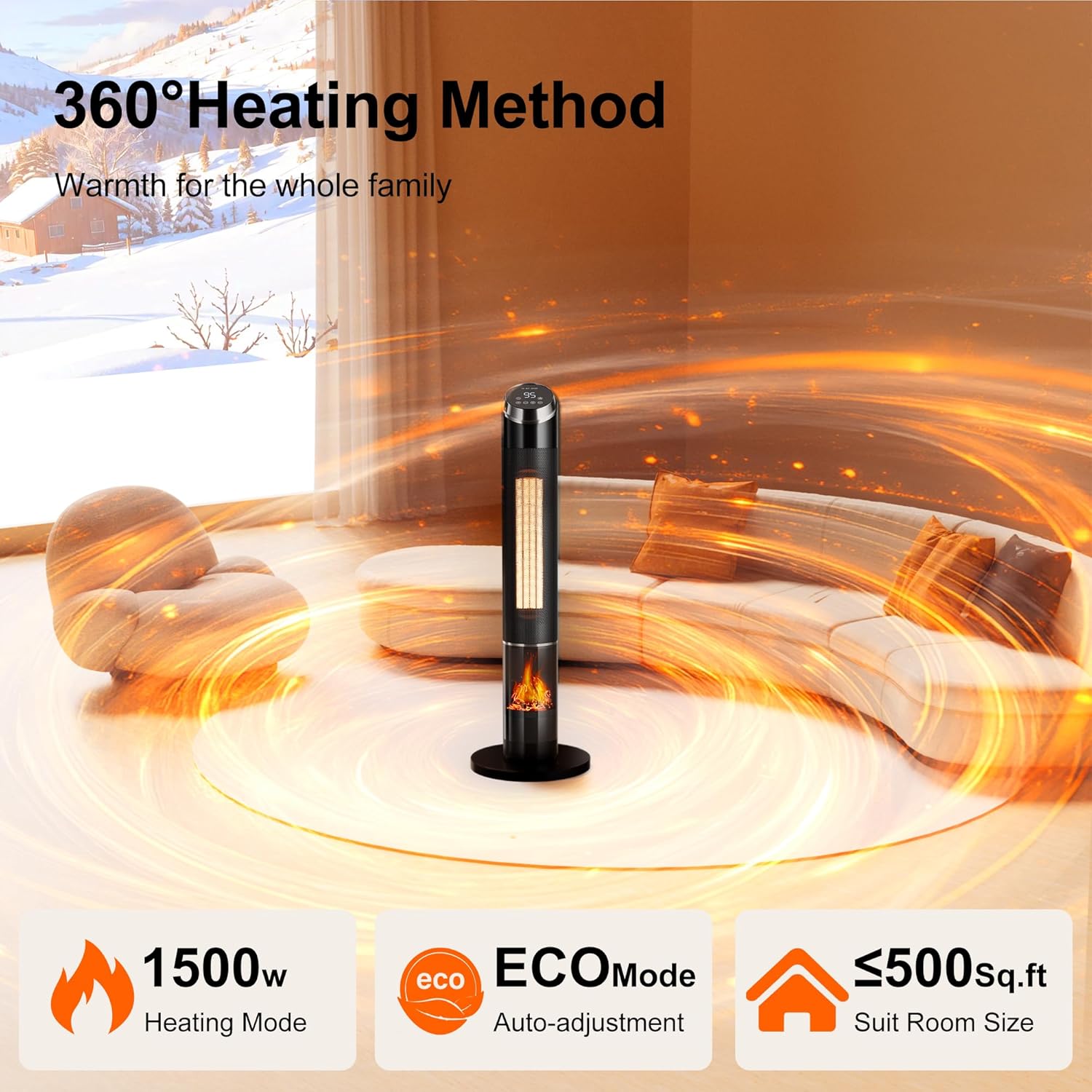 Space Heaters for Large Room, 1500 W Electric Heater with Thermostat, 24H Timer, Indoor Heater with 80°Oscillation, Heaters with Tip-over & Overheat Protection for Indoor Office Use(37IN)