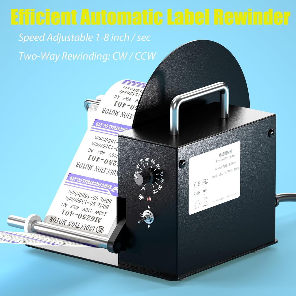 Automatic Label Rewinder, Auto-Sync Thermal Label Rewinder, 2-Way Label Rewinding Machine for Ø1.6”/3.0" Cores, Supports No Core Rewinding, Max. Ø7.1” Label Roll (R3 Pro)