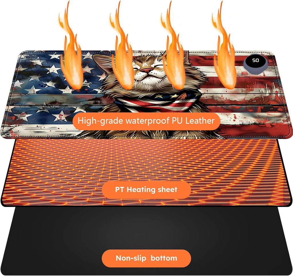 Heated Mouse Pad with 3 Levels Heated & 3 Hours Auto Shut-Off Mouse Pad for Warming Hands in Office Home, 31.5" x 13"Large Safe Desk Mat Hand Warmer，Flag Cute Cat