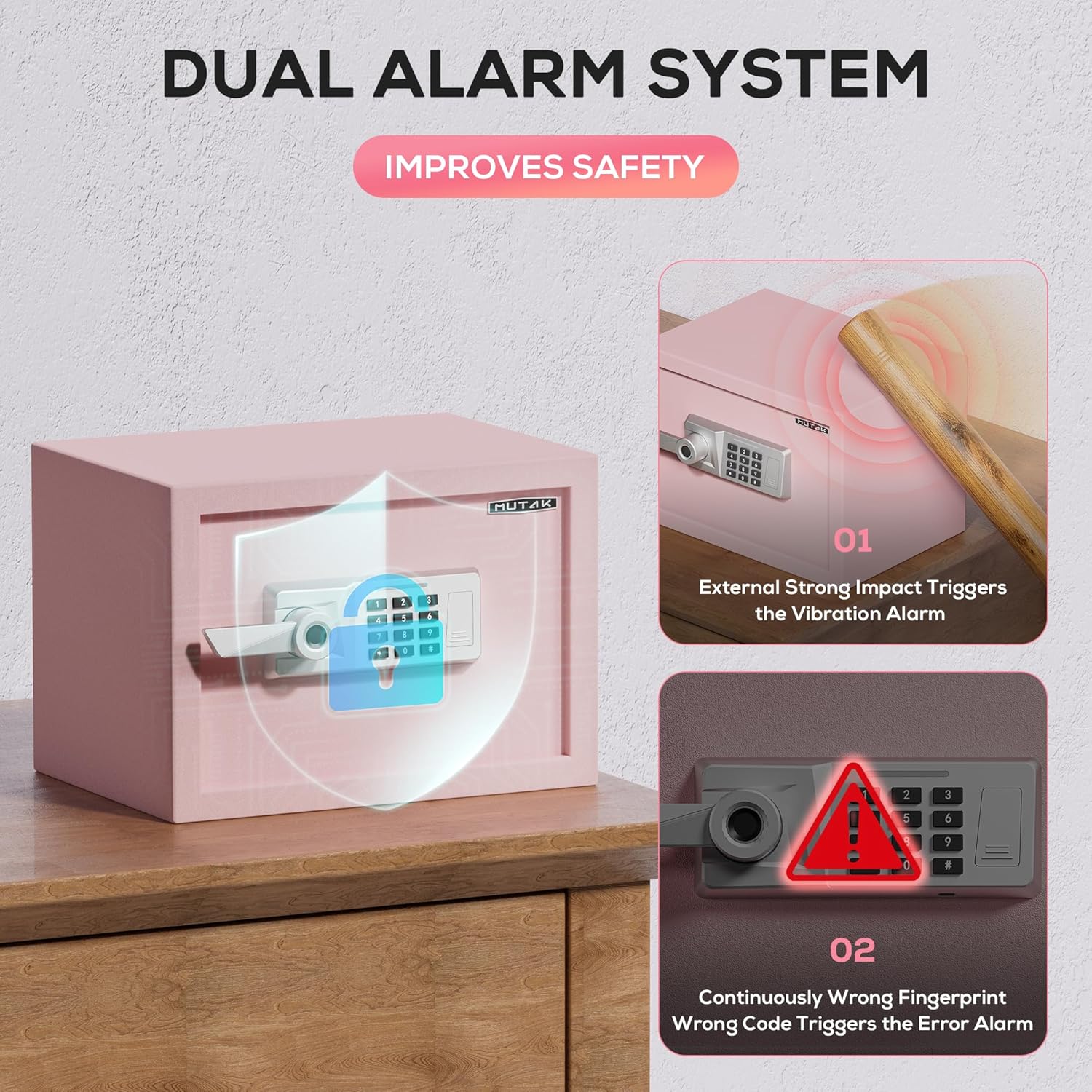 1.0 Cub Biometric Safe Box with Fireproof Bag, Quick-Access Fingerprint Safe with Keys, Digital Keyboard, Type-C Port, Dual Alarm System Safety Box for Home, Office, Hotel Use(Pink)