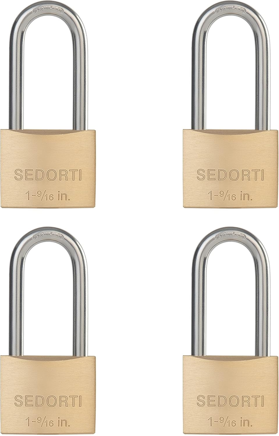 Weatherproof Padlock with Stainless Steel 304 Long Shackle and Solid Brass Body, 1-9/16 in. Wide, 4 Padlocks Keyed Alike, Marine Grade Rustproof Lock for Outdoors Use YNBSP440