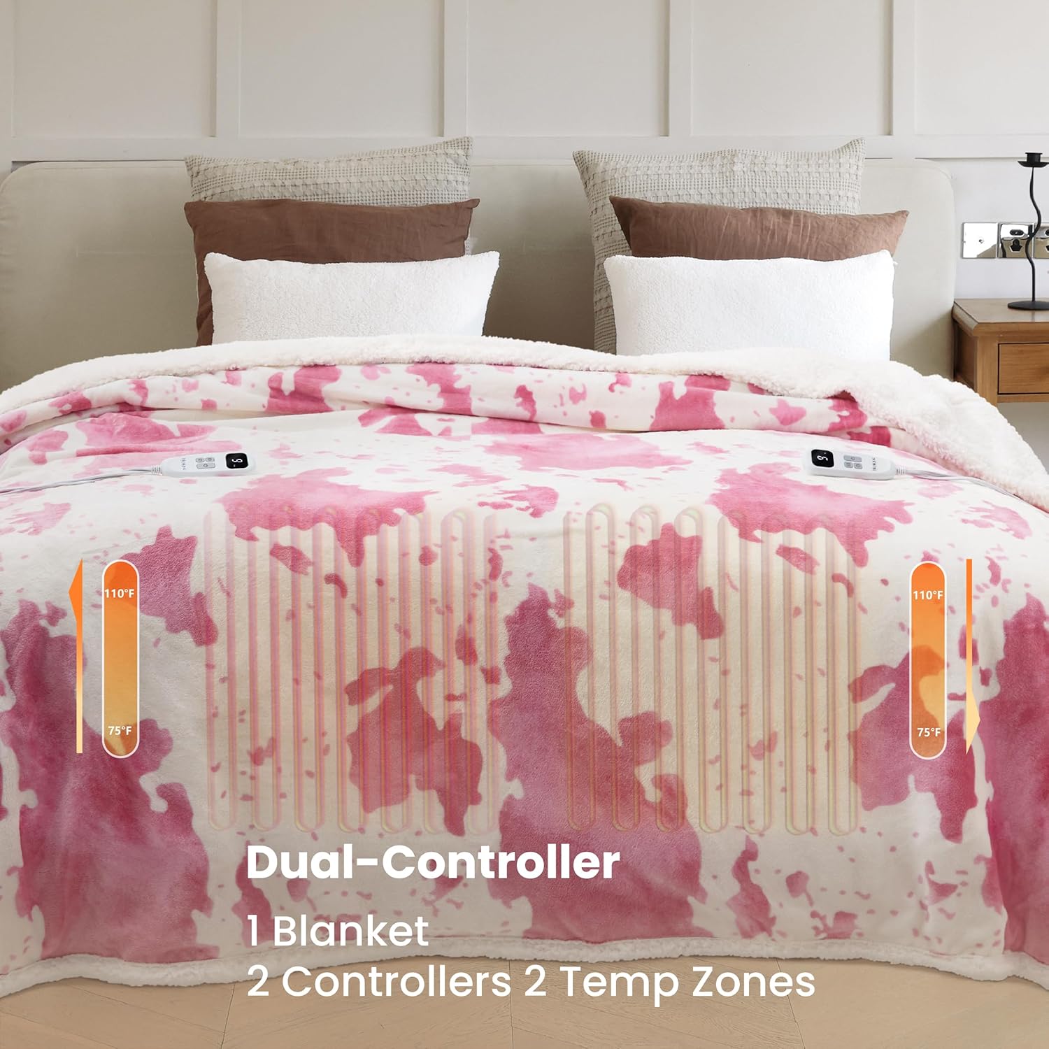 Cow Print Heated Electric Blanket King Size-Heating Blanket King Size with 10 Heat Levels & 10 Hours Auto-Off, Cozy Soft Fleece Sherpa, Washable, 90x100 Inche Cow Print Pink