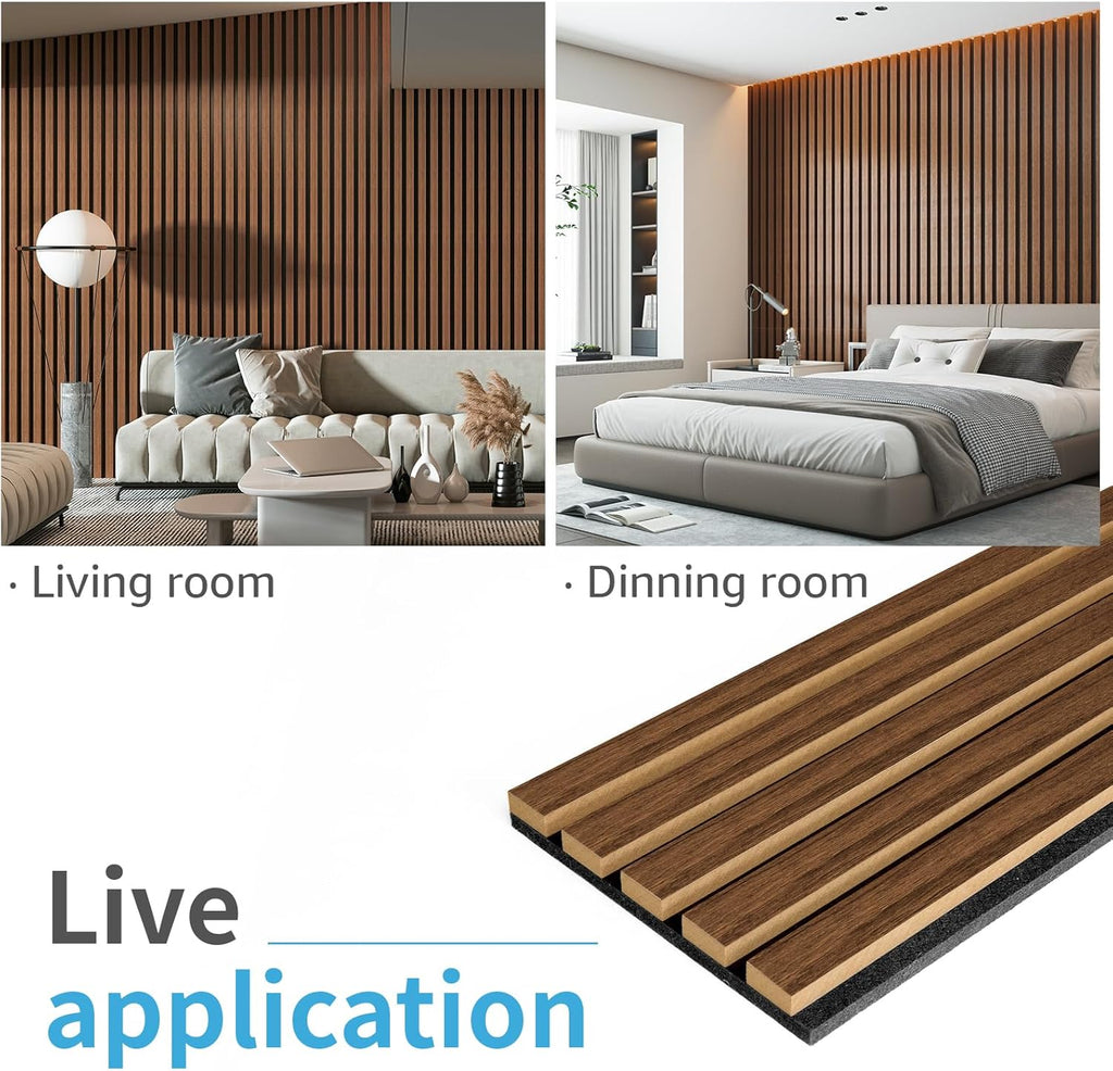 Art3d 4-Pack 94.5 x 7.9 inch Acoustic Wood Slat Wall Panels for Interior Decor, 3D Fluted Sound Absorbing Wood Paneling for Accent Wall Ceiling Kitchen Living Room Bedroom Office, Dark Walnut