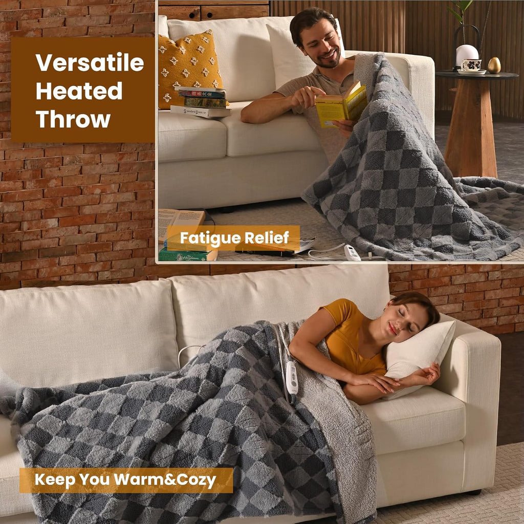 Bearhug Heated Throw Blanket 50" × 60", Electric Blanket Gray Teddy Faux Fur & Warm Sherpa, 4h Auto-Off Timer& 6 Heating Levels, Reversible Heated Throw, ETL Certified, Machine Washable, Gift Box