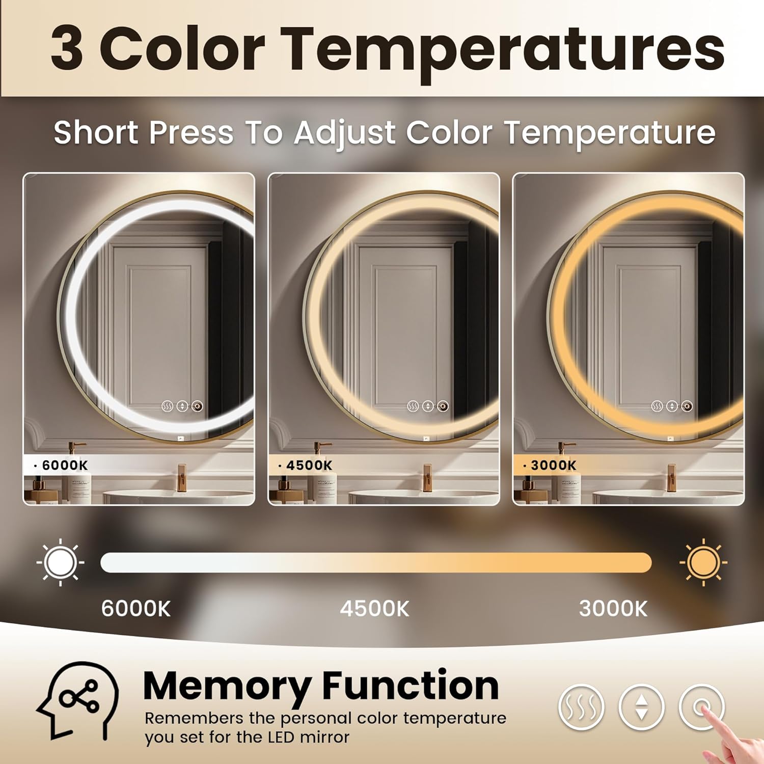 Gold Round Mirror 28 Inch, Metal Framed Frontlit Bathroom Mirror, Circle Mirrors for Wall, Led Light Mirror with Anti-Fog, Memory Function, 3 Color Temperature, Dimmable Makeup Mirrors