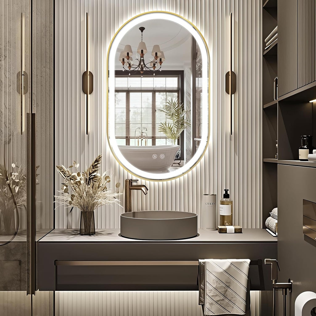 Niccy Oval LED Mirror for Bathroom, 40x24 Front Lit + Backlit Vanity Mirrors with Light Anti-Fog, Shatter-Proof, 3 Colors, Makeup Mirror with Old Gold Frame (Horizontal/Vertical)