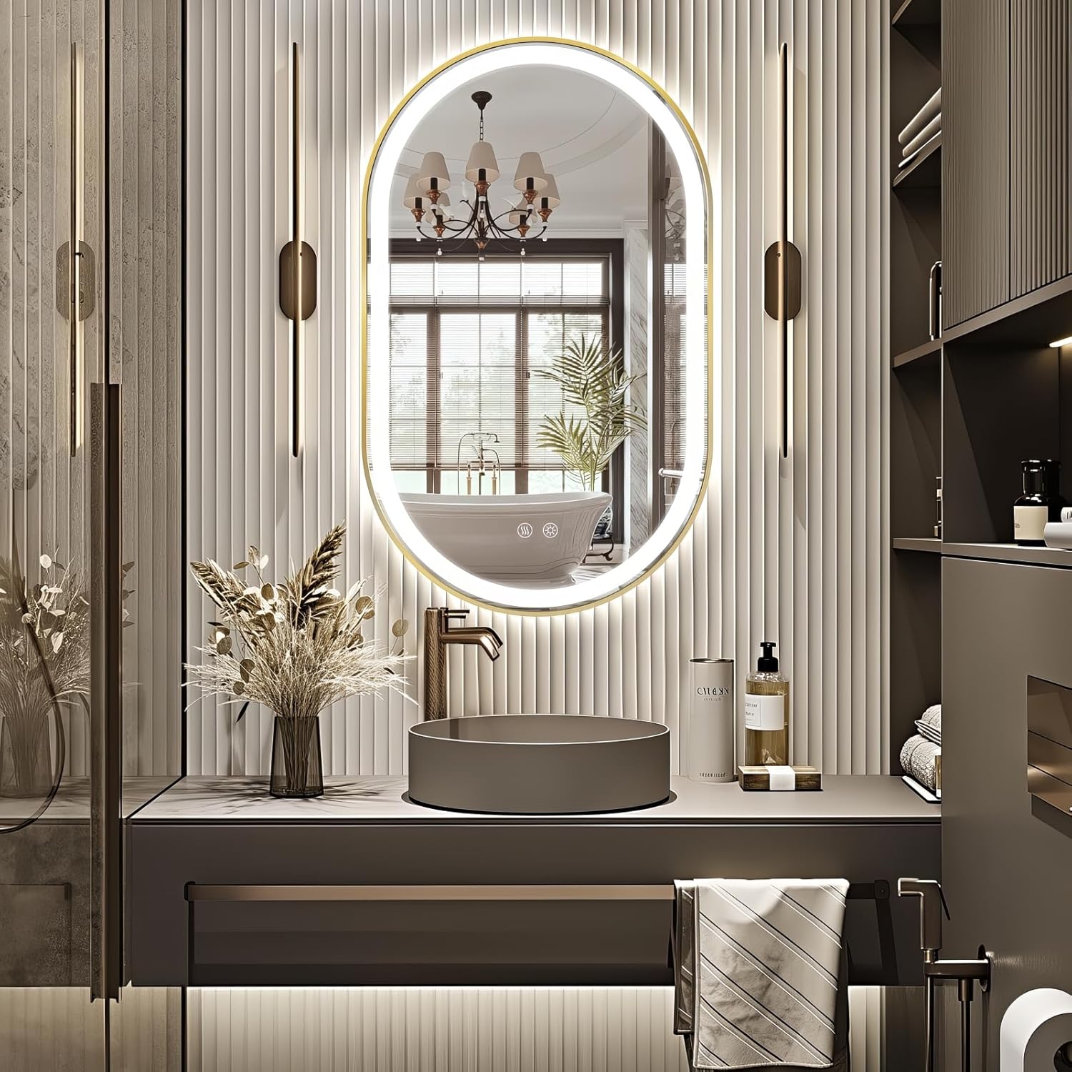 Niccy Oval LED Mirror for Bathroom, 40x24 Front Lit + Backlit Vanity Mirrors with Light Anti-Fog, Shatter-Proof, 3 Colors, Makeup Mirror with Old Gold Frame (Horizontal/Vertical)