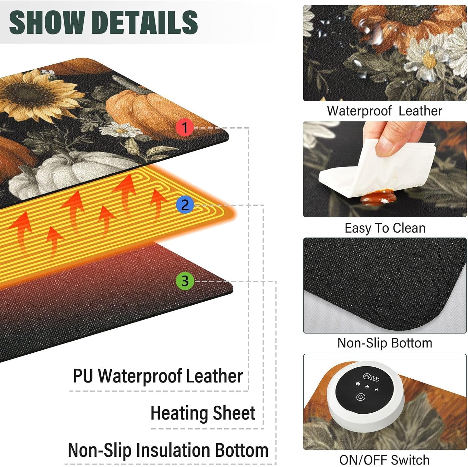 Heated Desk Pad Mouse Pad 31.5x13 Inch PU Leather Desk Mat with 3 Heat Levels Large Mouse Gaming Computer Laptop Mat Black Pumpkins Sunflowers Daisy