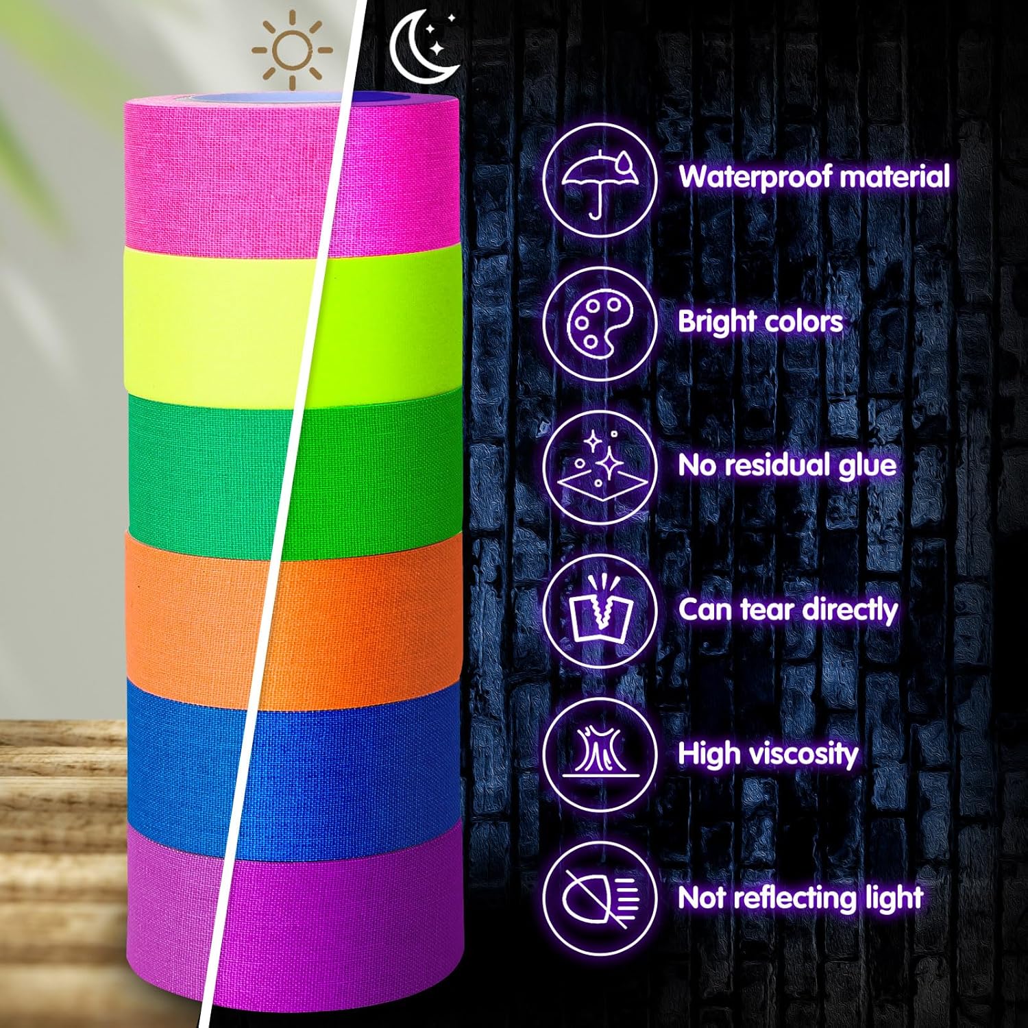 Whaline 6 Colors Neon Gaffer Cloth Tape Fluorescent Rainbow Color UV Blacklight Tape Neon Duct Reflective Tape for UV Party Theatres Staged Dark Areas(1 inch x 16.5 feet)