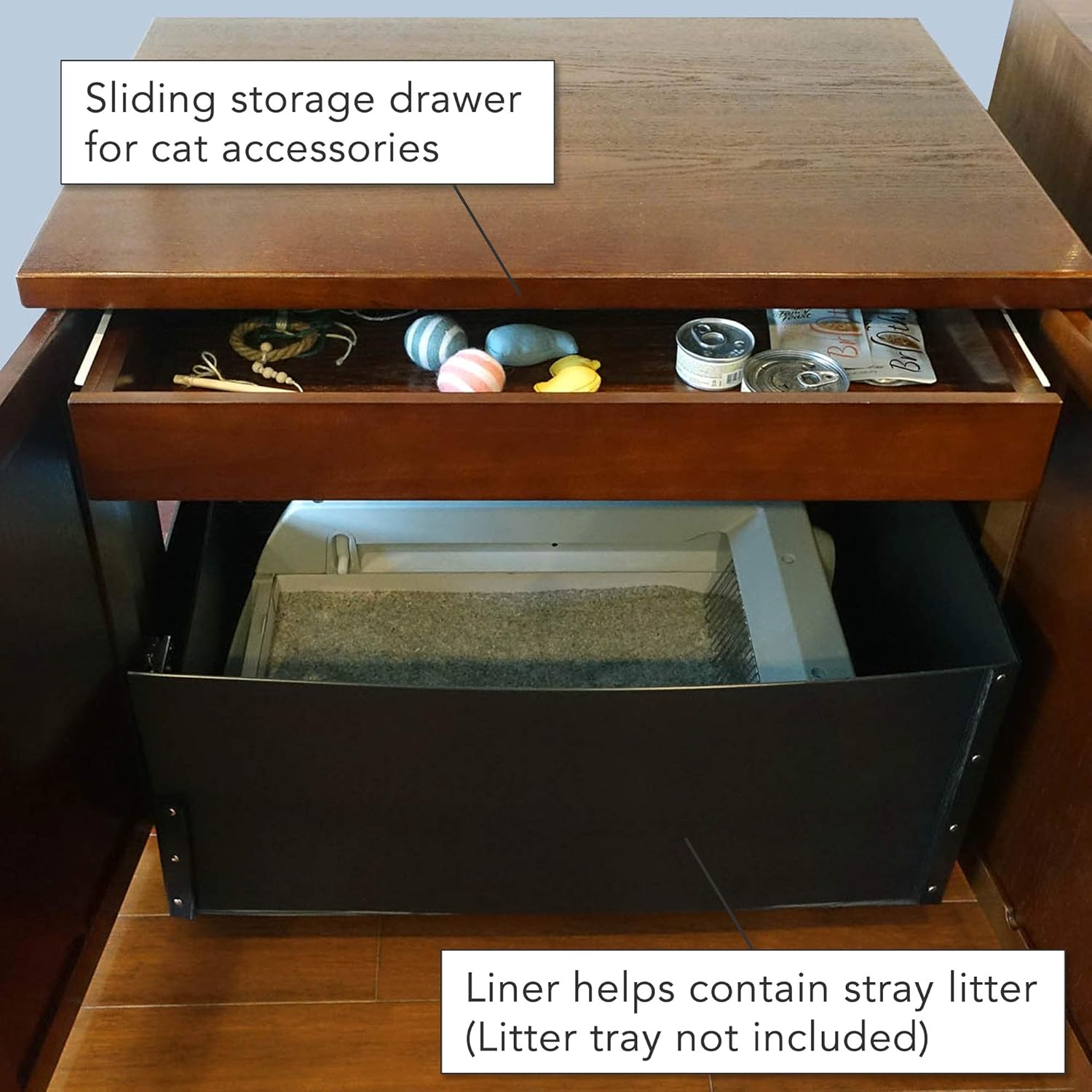 THE REFINED FELINE Cat Litter Box Enclosure Cabinet, Shaker, Mahogany Brown, Tulip Feet, Large, Hidden Litter Cat Furniture with Drawer
