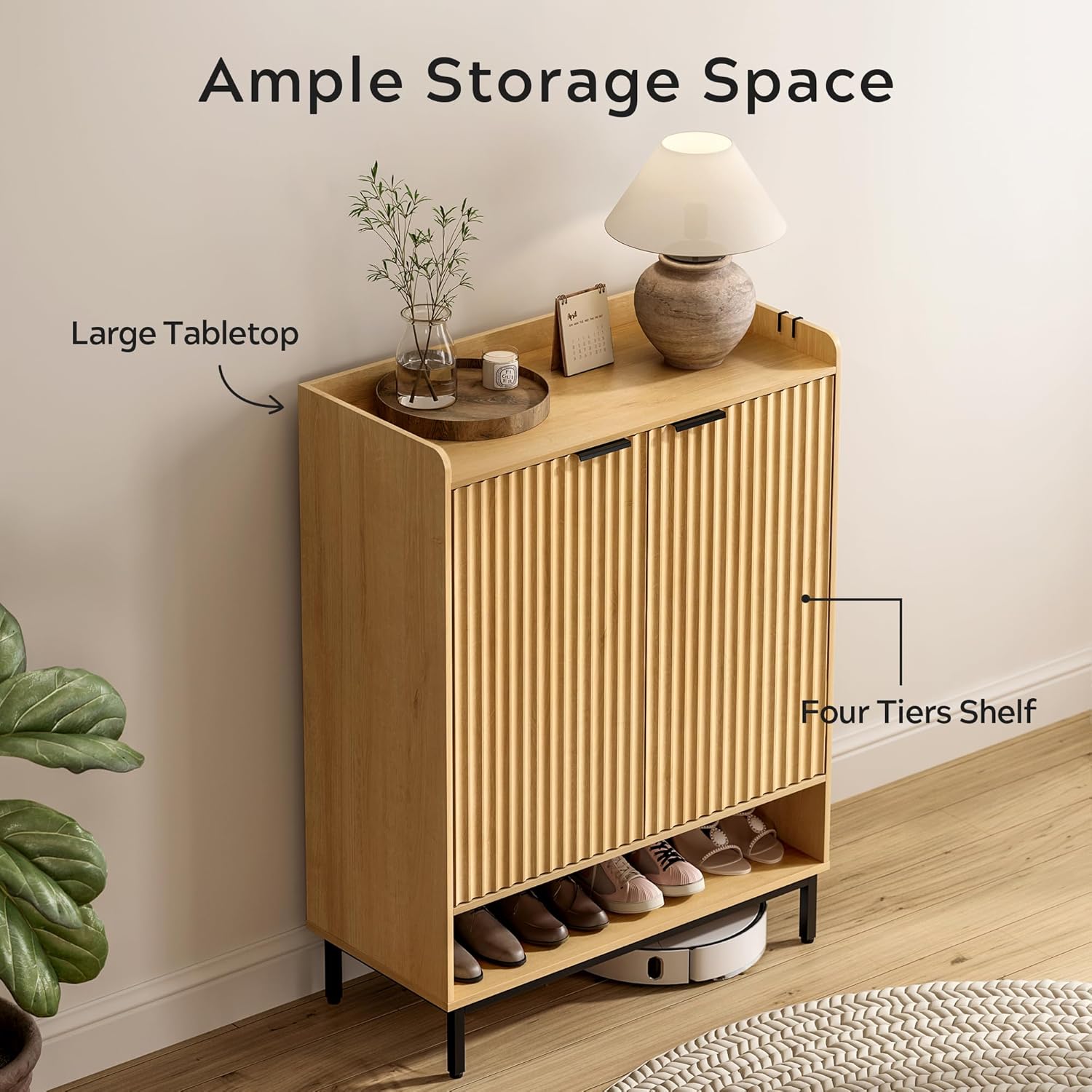 Fluted Shoe Cabinet with Doors, Large Wooden Shoe Storage Cabinet with Adjustable Shelves, Modern Tall Freestanding Shoe Rack Organizer for Entryway, Hallway Natural Oak