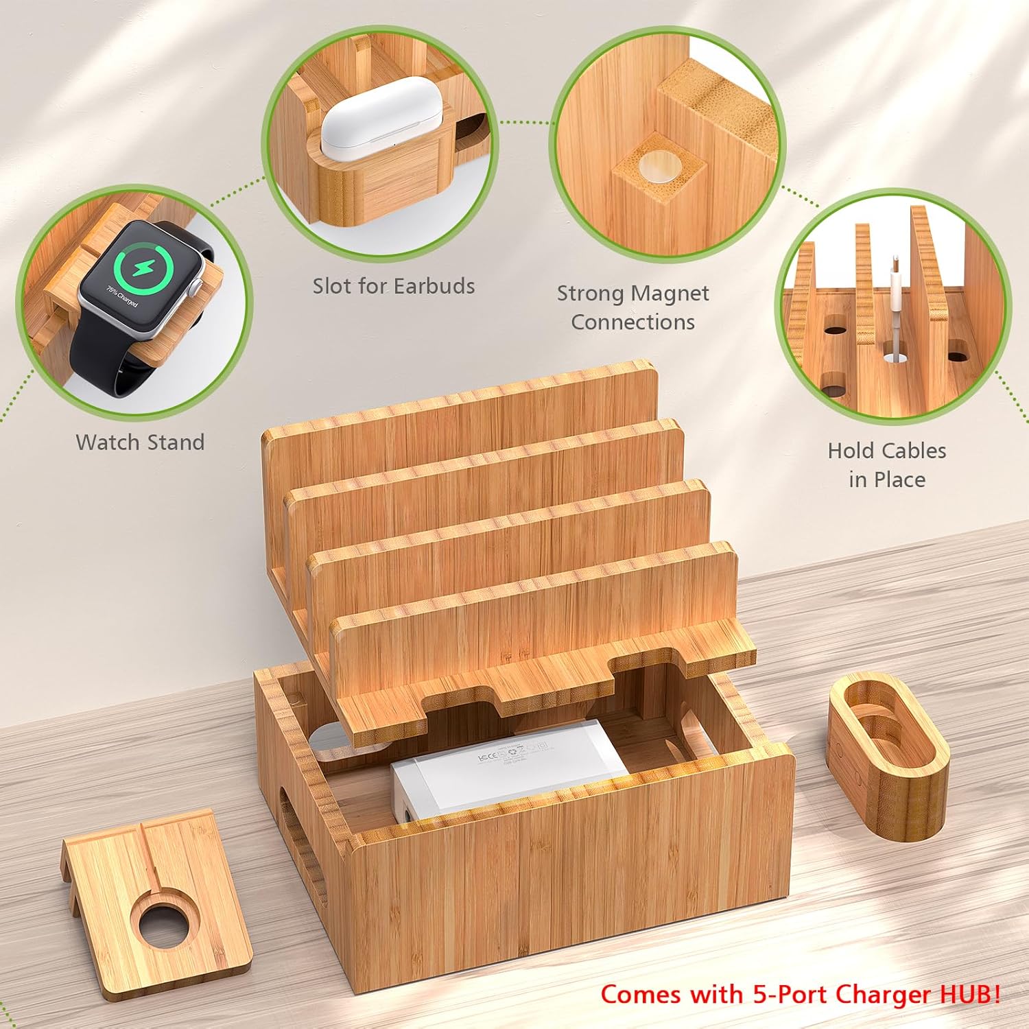 Pezin & Hulin Bamboo Charging Station for Multiple Devices with 5 Port USB Charger, 5 Cables, Watch&Earbuds Stand, Electronic Device Desktop Organizer for Cellphone, Tablet, Watch, Earbuds
