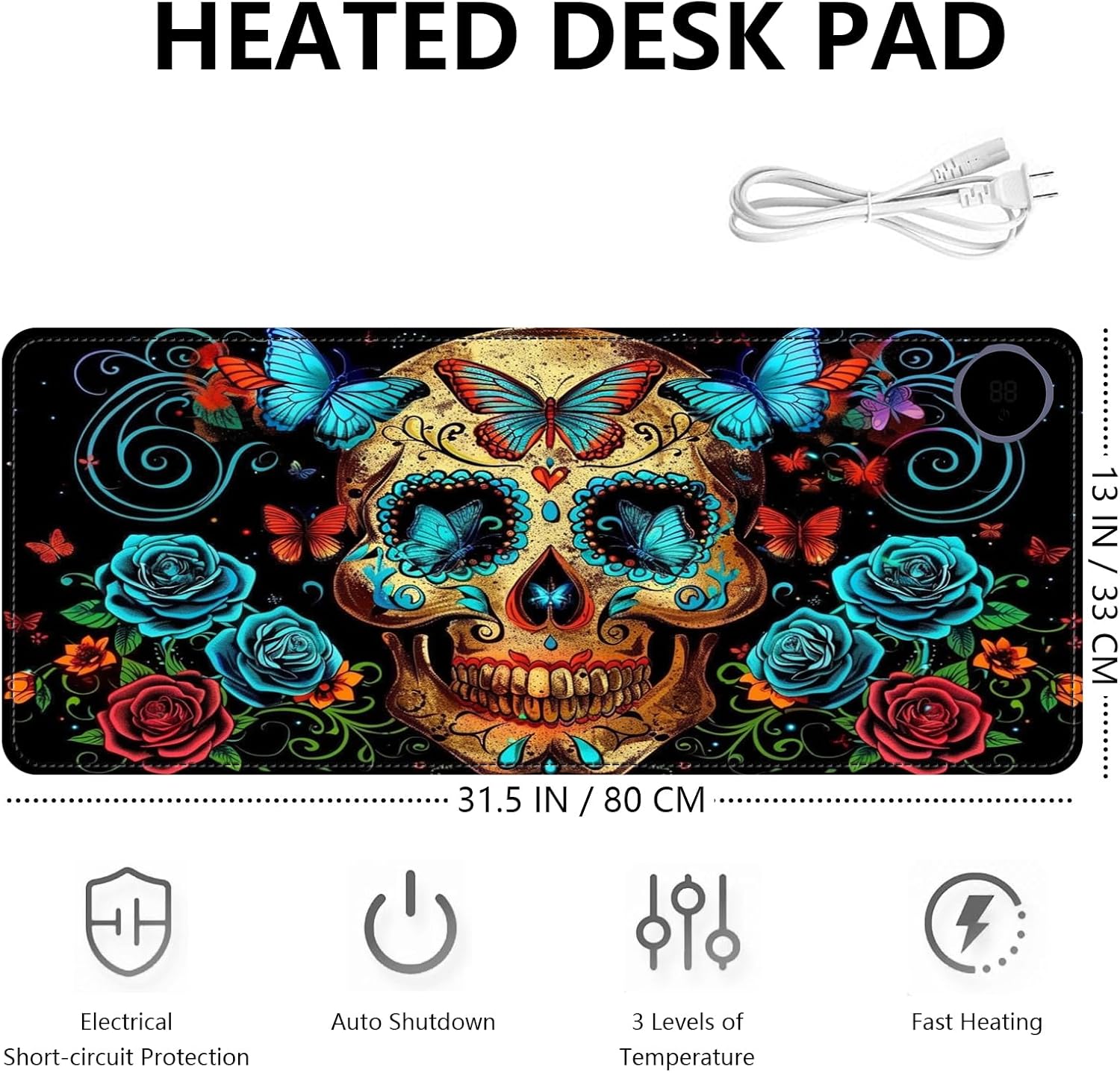 Heated Mouse Pad with 3 Levels Heated & 3 Hours Auto Shut-Off Mouse Pad for Warming Hands in Office Home, 31.5" x 13"Large Safe Desk Mat Hand Warmer，Skull Butterfly Blue Rose