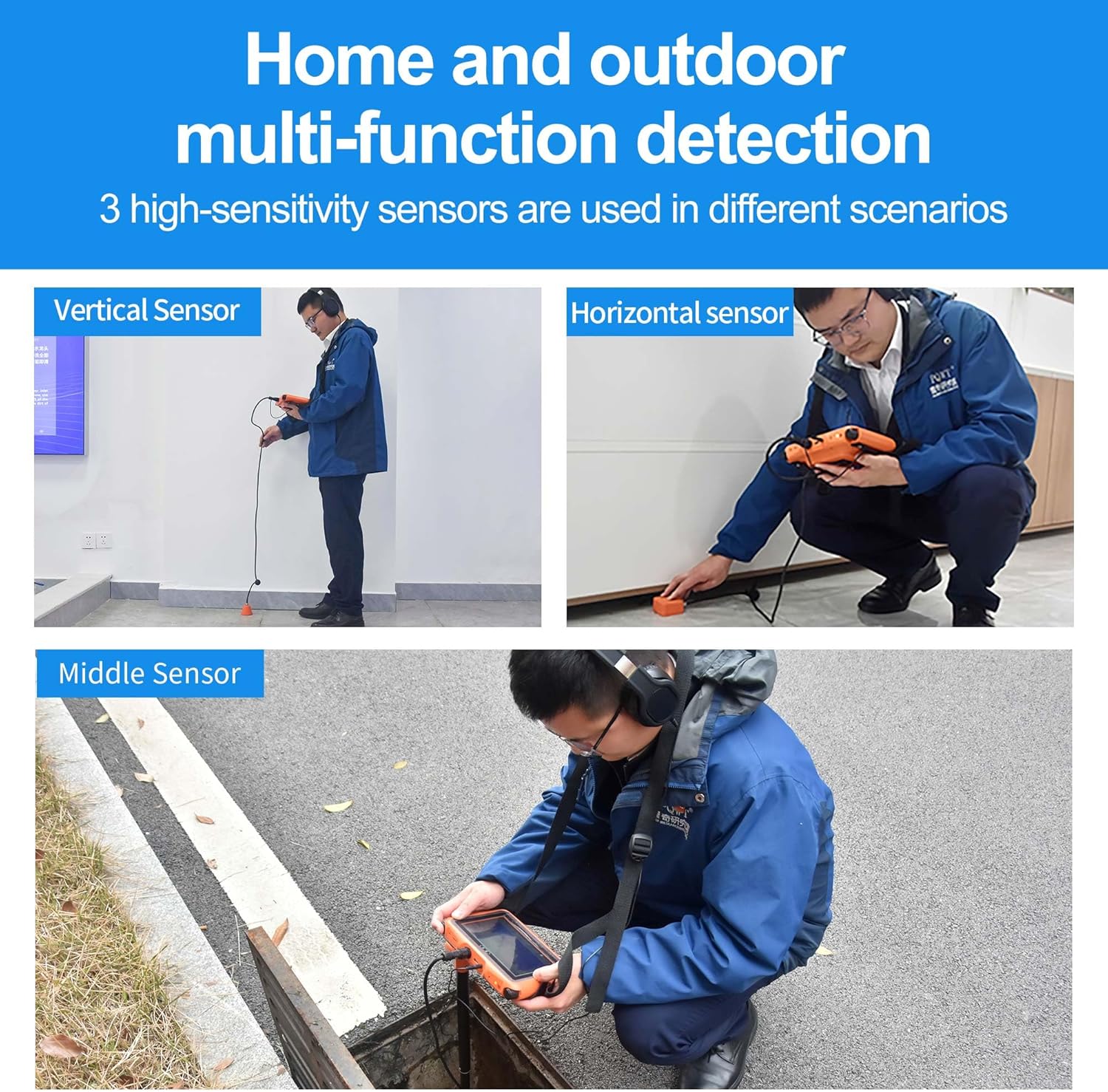 PQWT L5000 Underground Water Leak Detectors Indoor Outdoor Wall Water Pipe Detector Machine Multi Sensor Acoustic Pipeline Leakage Detection Kit Noise Reduction Headphone Smart Touchscreen Carry Case