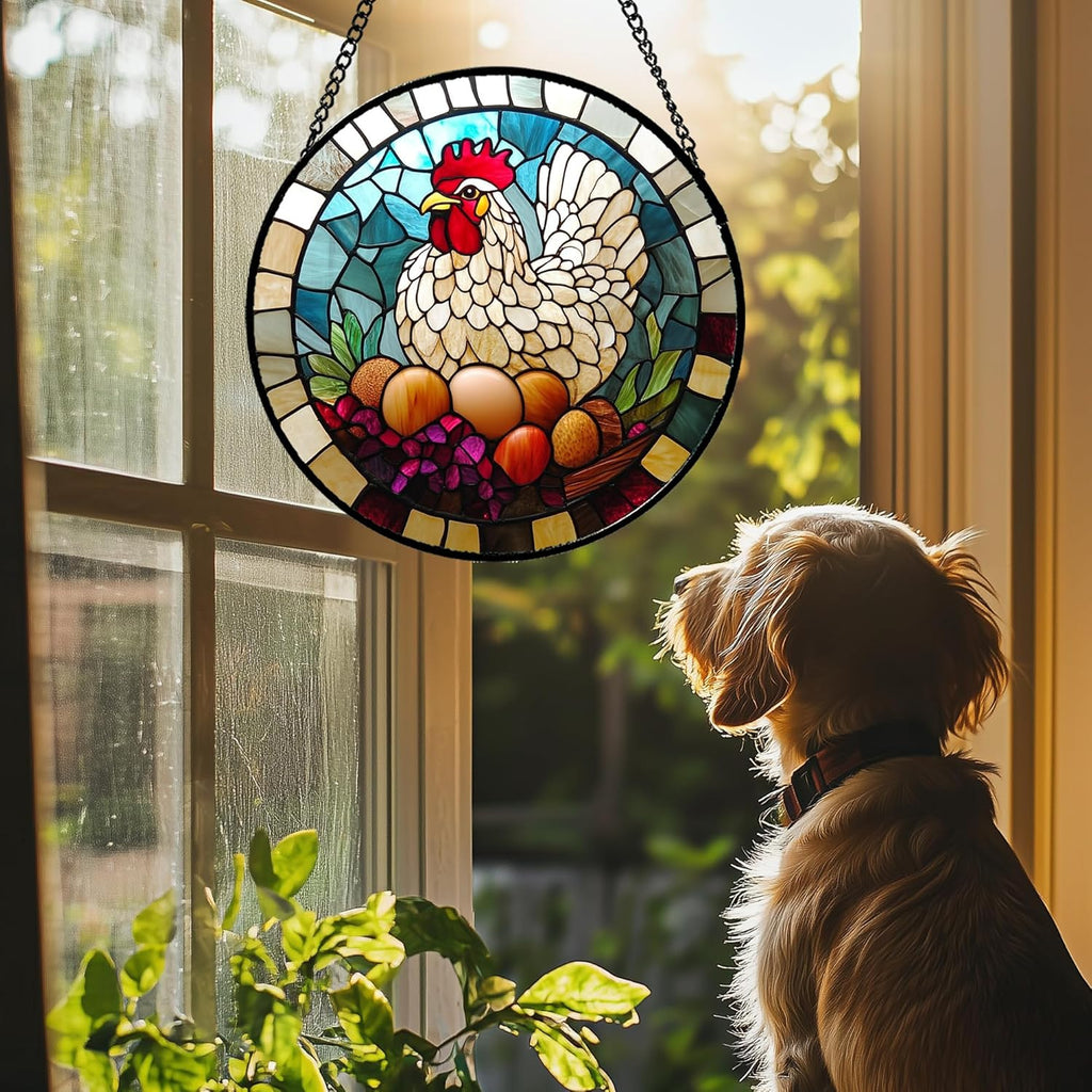 Stained Glass Window Hanging White Chicken Hatching Eggs 7.8" - Suncatcher Door Garden Sunroom Sun Catcher Home Decor Birthday Christmas for Mom Men Woman Nana