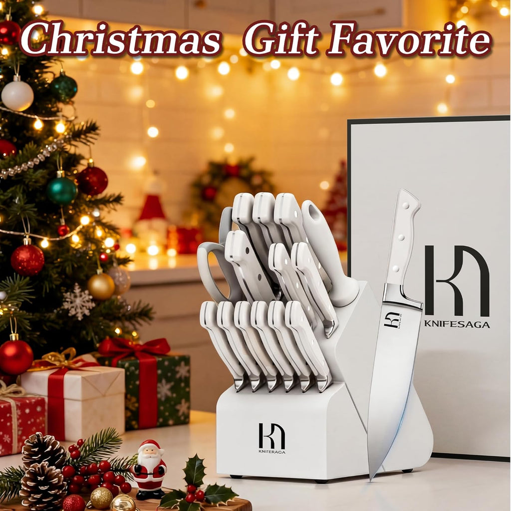 Kitchen Knife Block Set, 15-Piece Enduring Ultra Sharp Knife Set, Japanese High Carbon Stainless Steel, Premium Forged Knives for Kitchen and Professional Chefs, White