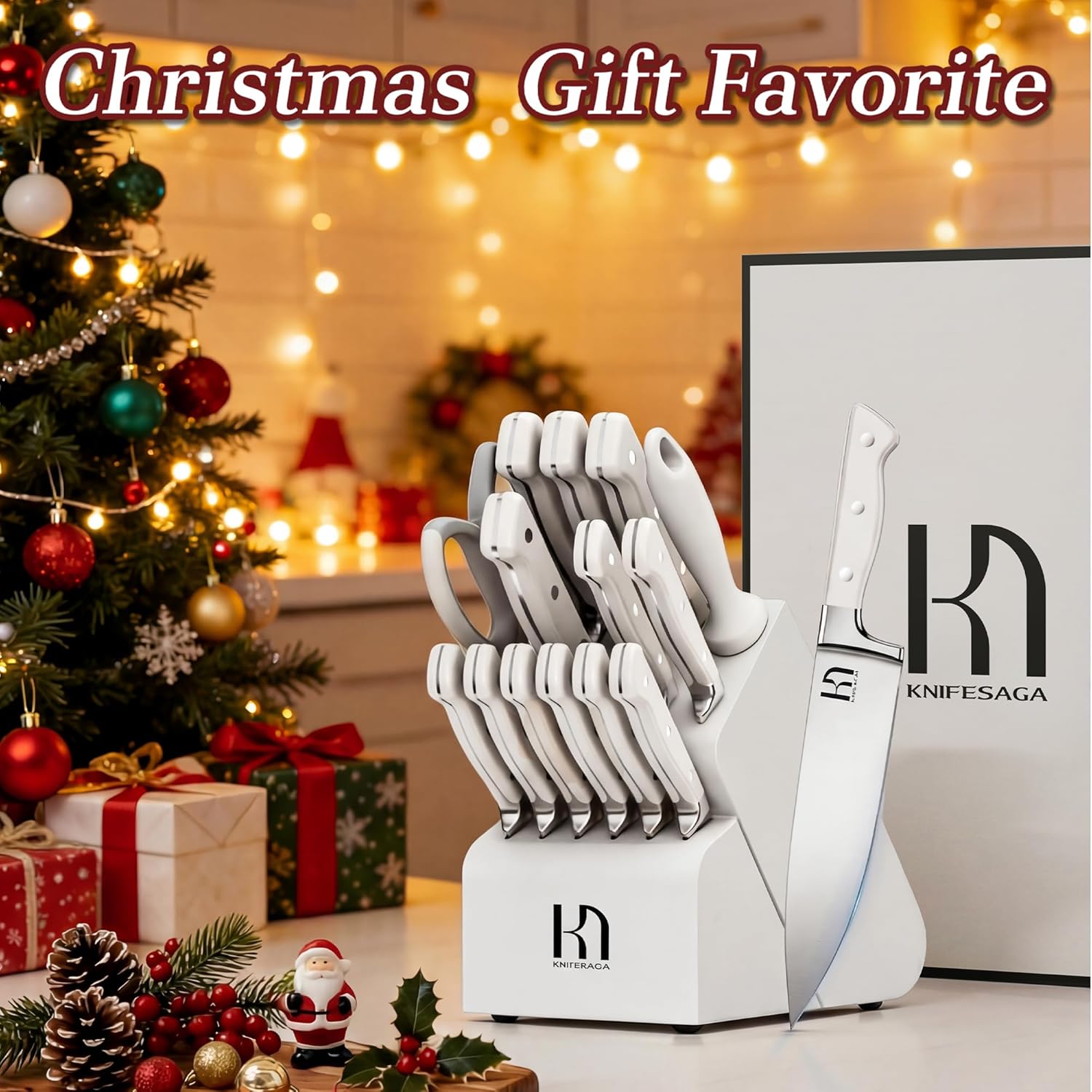 Kitchen Knife Block Set, 15-Piece Enduring Ultra Sharp Knife Set, Japanese High Carbon Stainless Steel, Premium Forged Knives for Kitchen and Professional Chefs, White