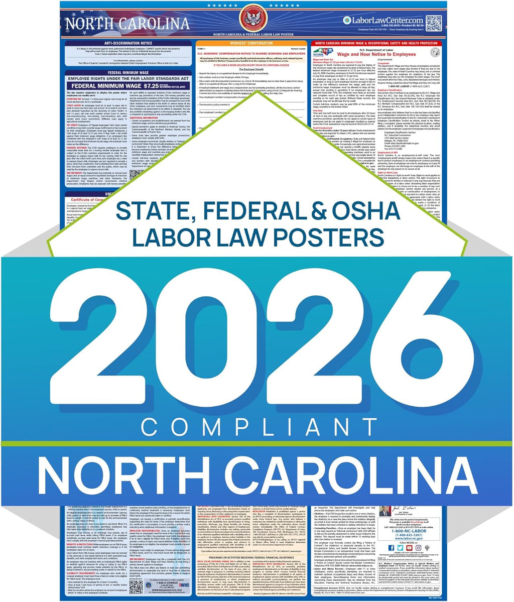 North Carolina 2026 Labor Law Poster – State & Federal Compliance – OSHA, EEOC, FMLA, Minimum Wage – Durable, Laminated & Waterproof Workplace Employment Poster – Made in USA – 26” x 39.5”