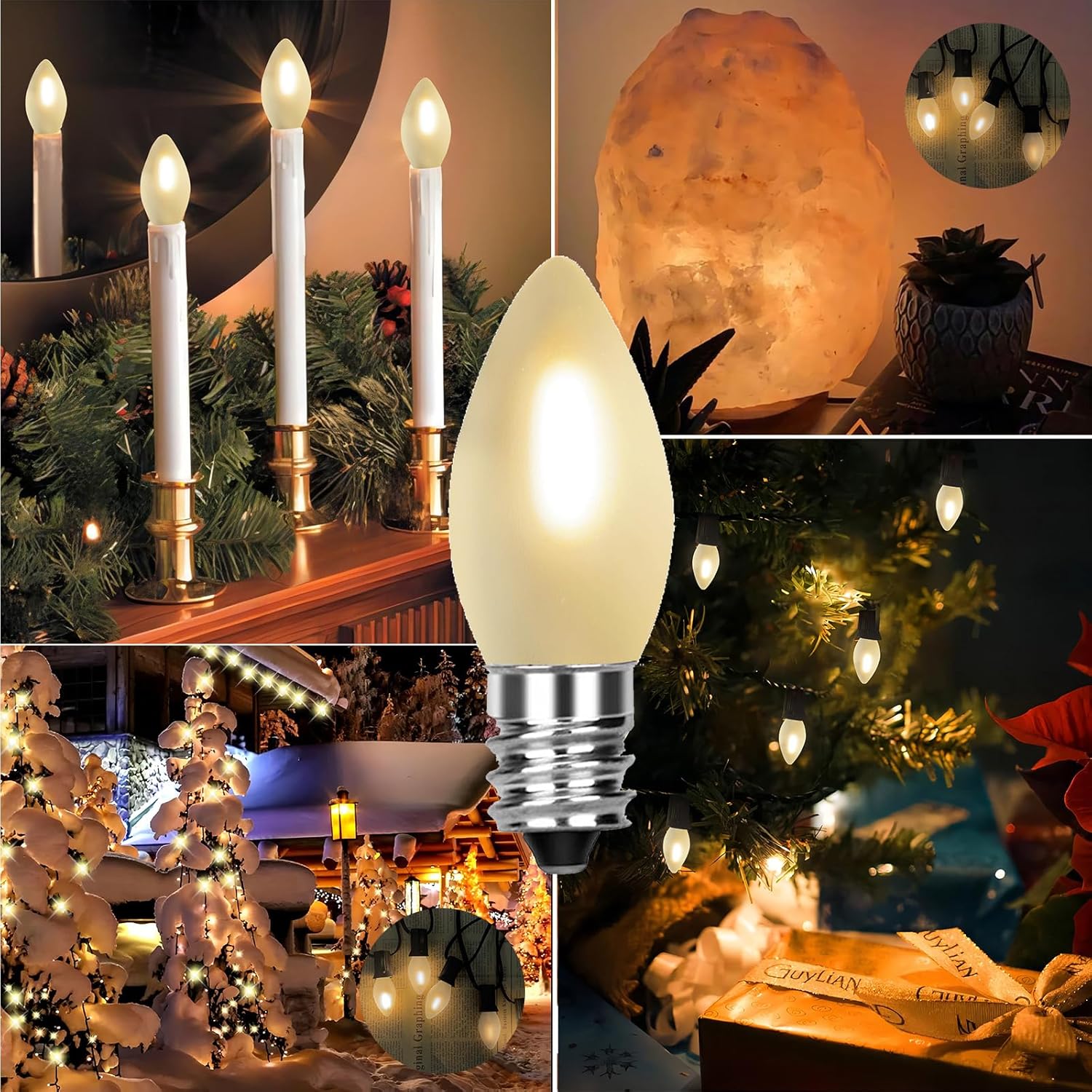 C7 LED Frosted Christmas Light Bulb,25 Pack 0.6W C7 LED Replacement Lights Bulbs with E12 Base,Frosted White 2700K Shatterproof Vintage Bulbs for Chandeliers Candle Christmas String Lights