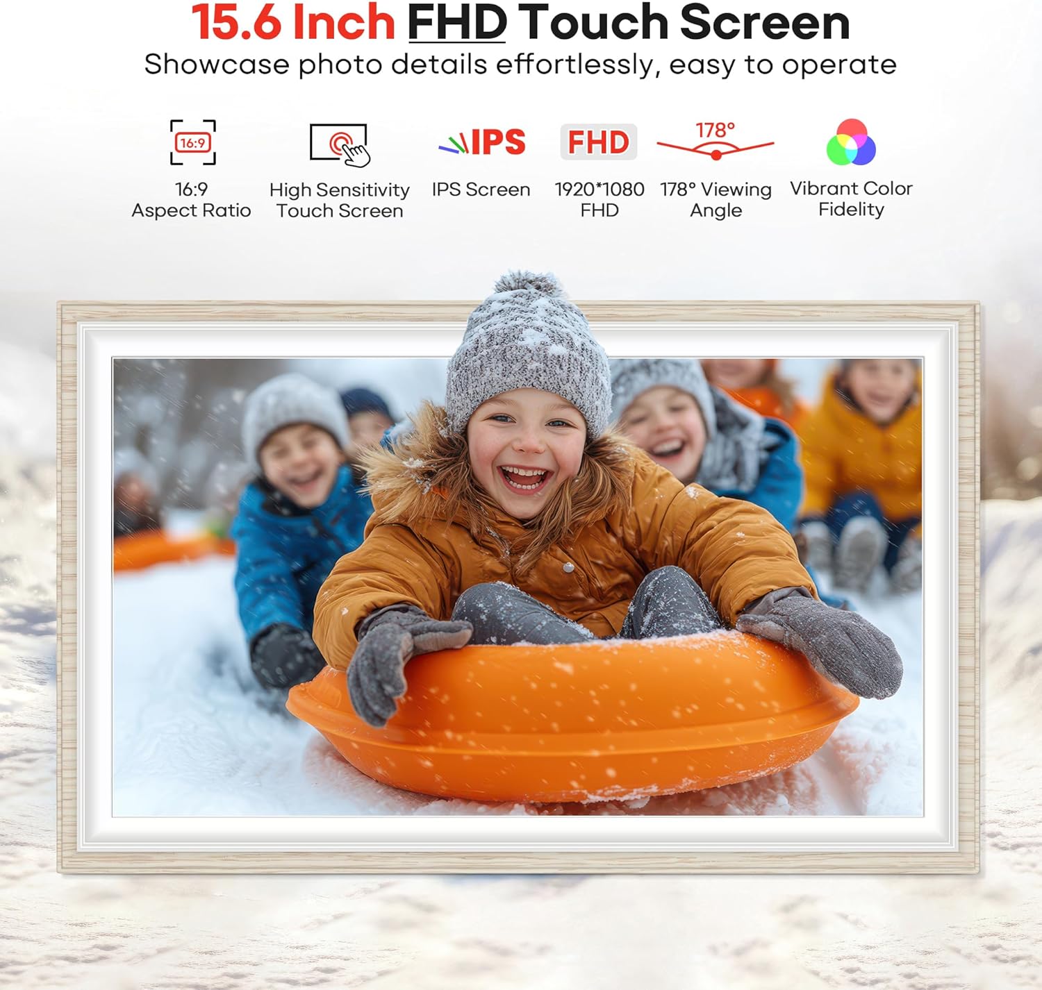 64GB Frameo 15.6" Digital Picture Frame Large 1920 x 1080 IPS FHD Touch Screen WiFi Electronic Photo Frames Share Moments Instantly Anywhere Best Gifts for Parents and Grandparents White Wood