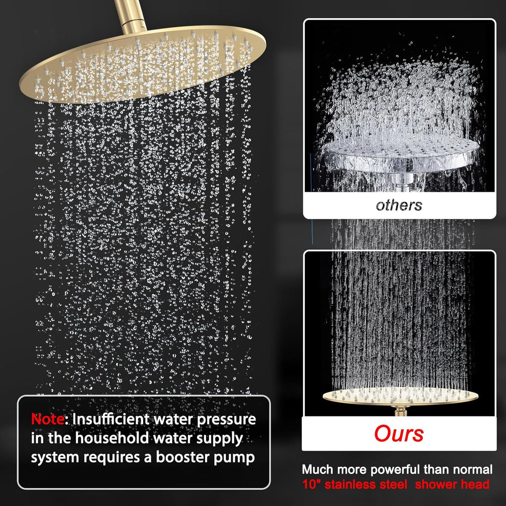 Shower Faucet Set Brass 10IN Rough-In Valve Body Trim Kit Rainfall Included Handle Accessories Complete 2 Functions with Rain Head and Handheld Bathroom Systems (10'', Brushed Gold)