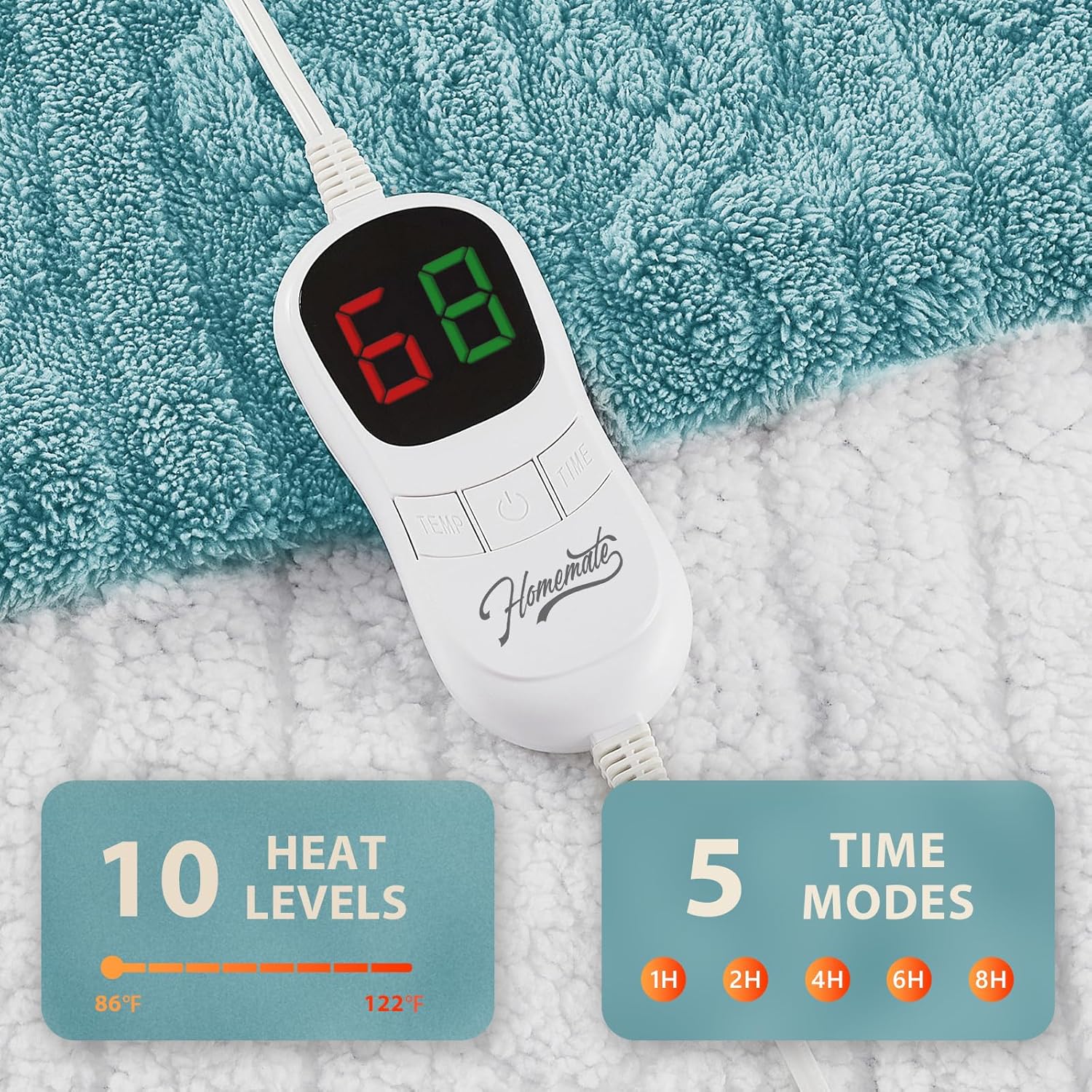 Homemate Electric Heated Blanket Full - 72"x84" Heating Bed Blankets Throw with 10 Heating Levels 8 Hours Auto Off Fast Heating Over-Heated Protection Ultra Soft Warm Flannel ETL Certified