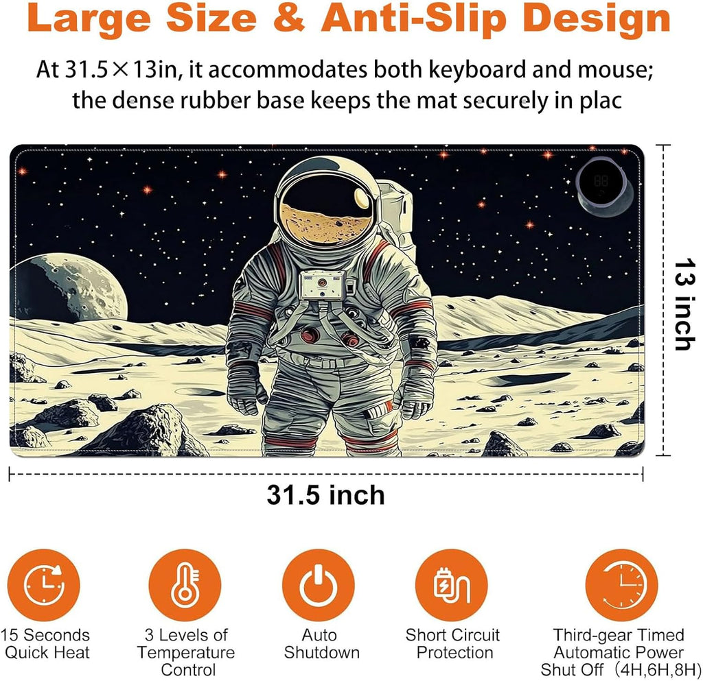 Heated Mouse Pad for Desk 31.5" x 13" – PU Leather Warm Desk Pad with 3 Heat Levels (104°F/113°F/122°F), Plug-in Electric Heating Mat with Auto Shut-Off, Waterproof & Rollable, Astronaut on Moon