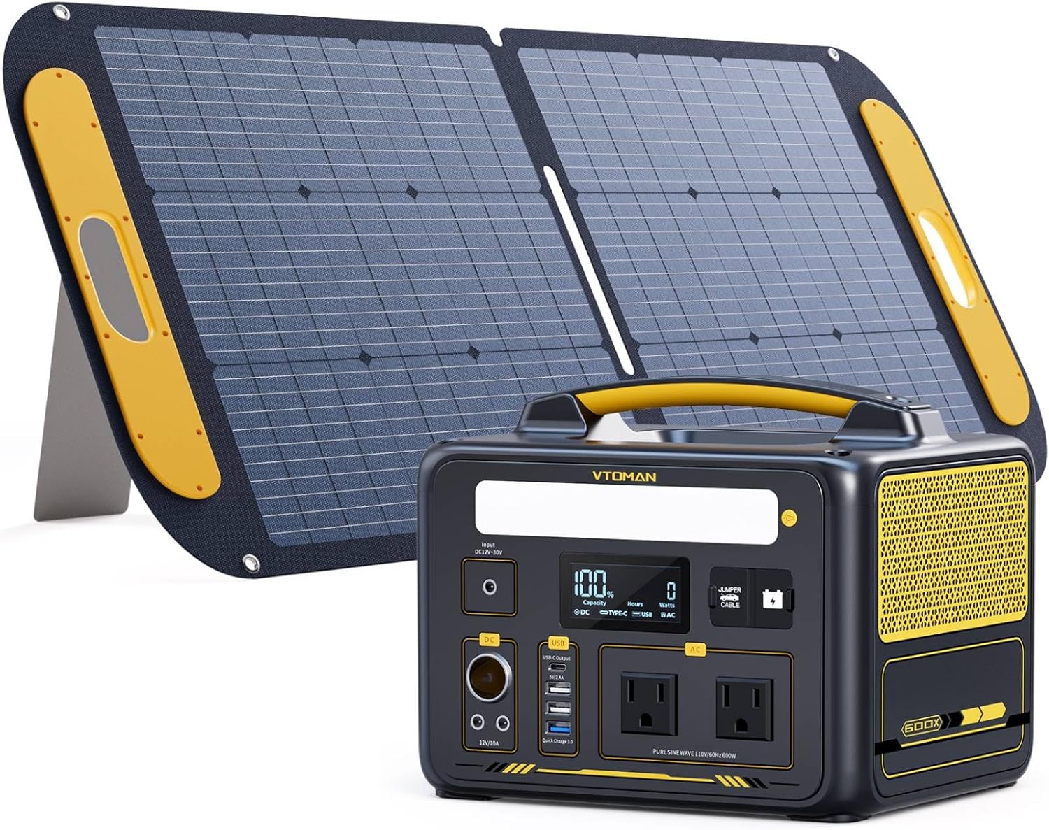 VTOMAN Jump 600X Portable Power Station with 110W Solar Panel, 600W/299Wh LiFePO4 Battery Solar Generator, 1200W AC Outlet, PD 60W USB-C, 3x Regulated 12V/10A DC for RV, Outdoor Camping, Home Backup
